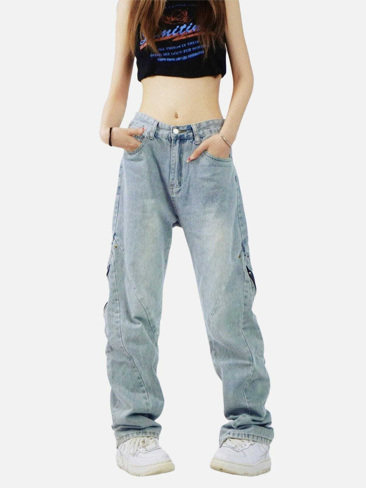 Vintage Wash Y2K Grunge Zip Jeans - Retro 90s Style for Summer Outfits & Parties