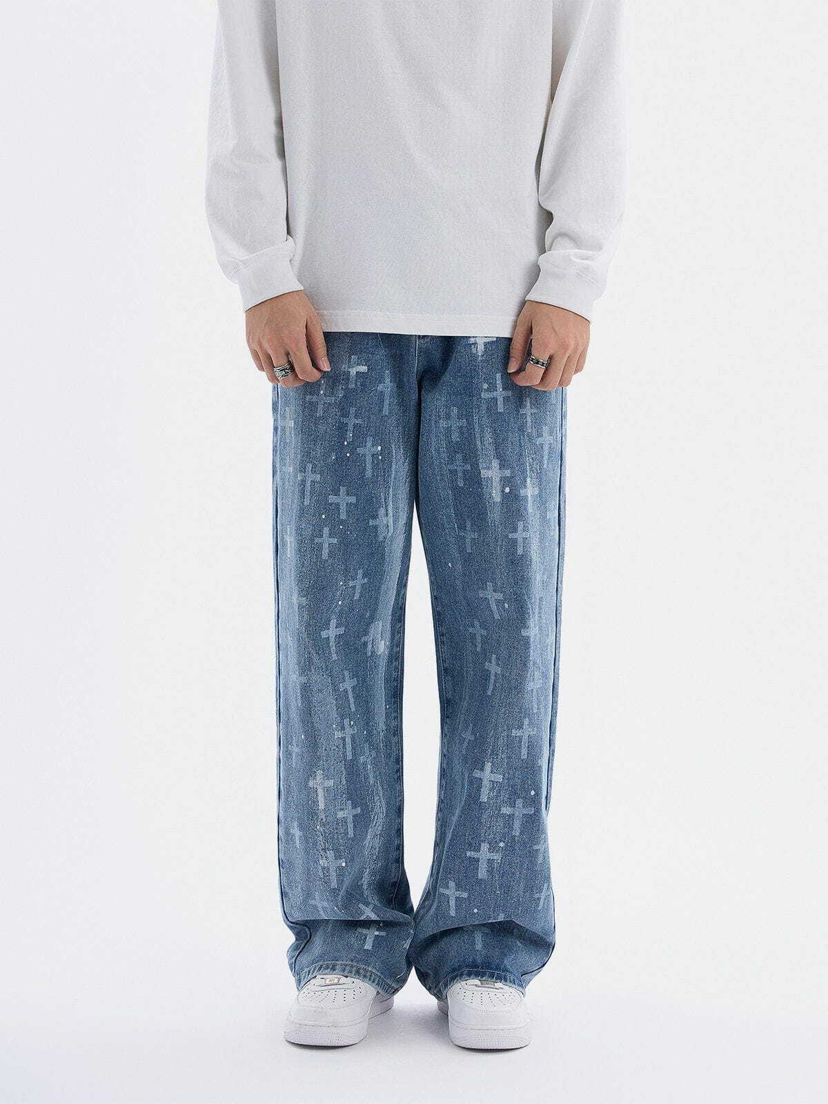 Washed Crosses Y2K Grunge Jeans - Retro 90s Summer Outfit for Y2K Party & Club Vibes