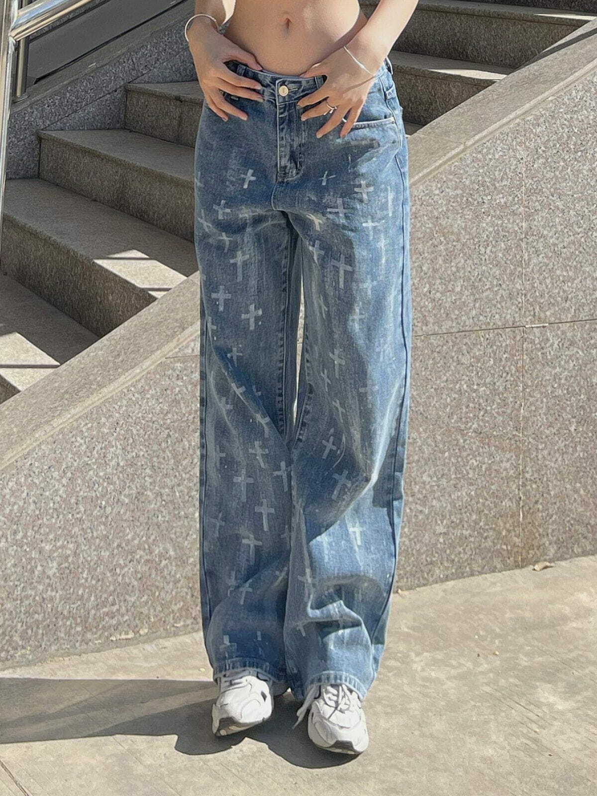 Washed Crosses Y2K Grunge Jeans - Retro 90s Summer Outfit for Y2K Party & Club Vibes