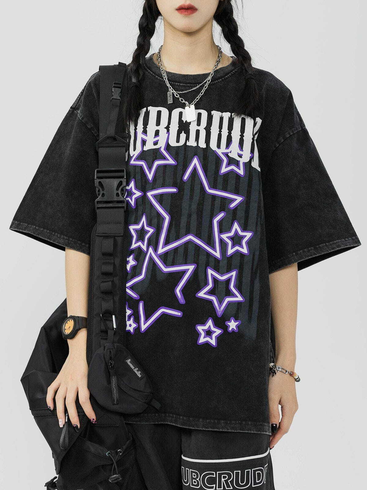 Washed Stars Print Y2K Baby Tee - Retro 90s Grunge Summer Outfit for Y2K Vibes