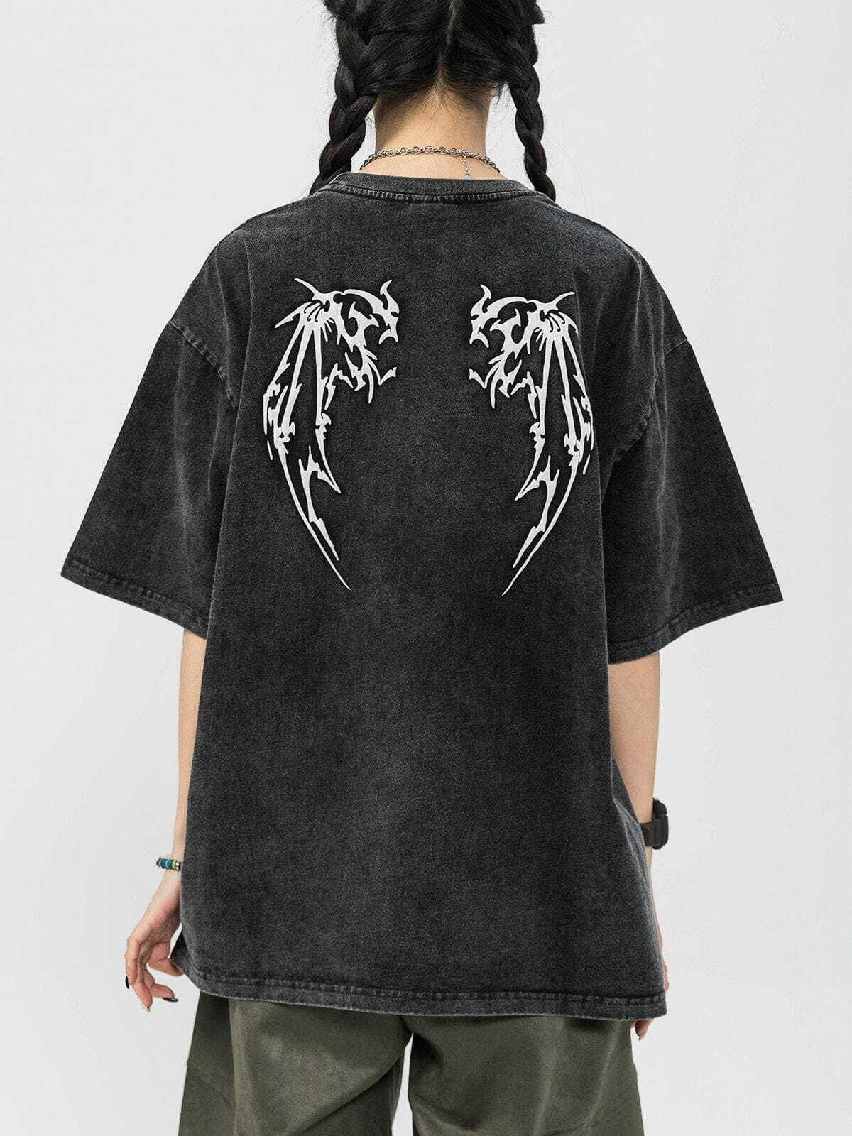 Washed Wings Print Tee - Y2K Grunge Top for Summer, 90s Fashion & Retro Vibes