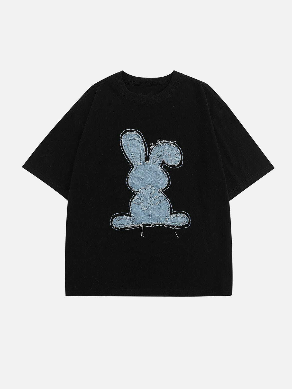 Y2K Applique Embroidery Denim Rabbit Tee - Retro 90s Grunge Summer Outfit for Women