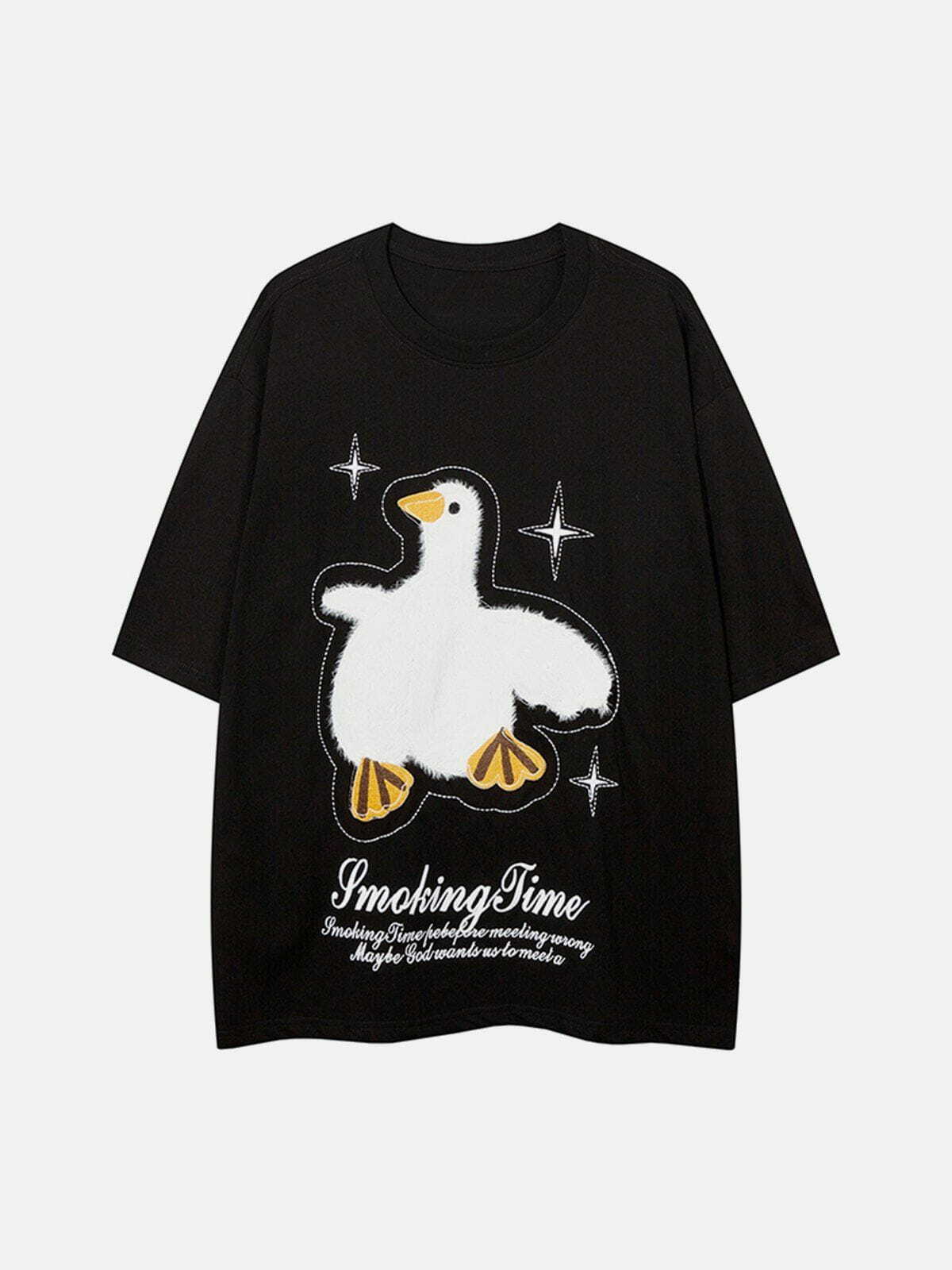 Y2K Applique Embroidery Duck Graphic Tee - Retro 90s Grunge Summer Outfit for Women