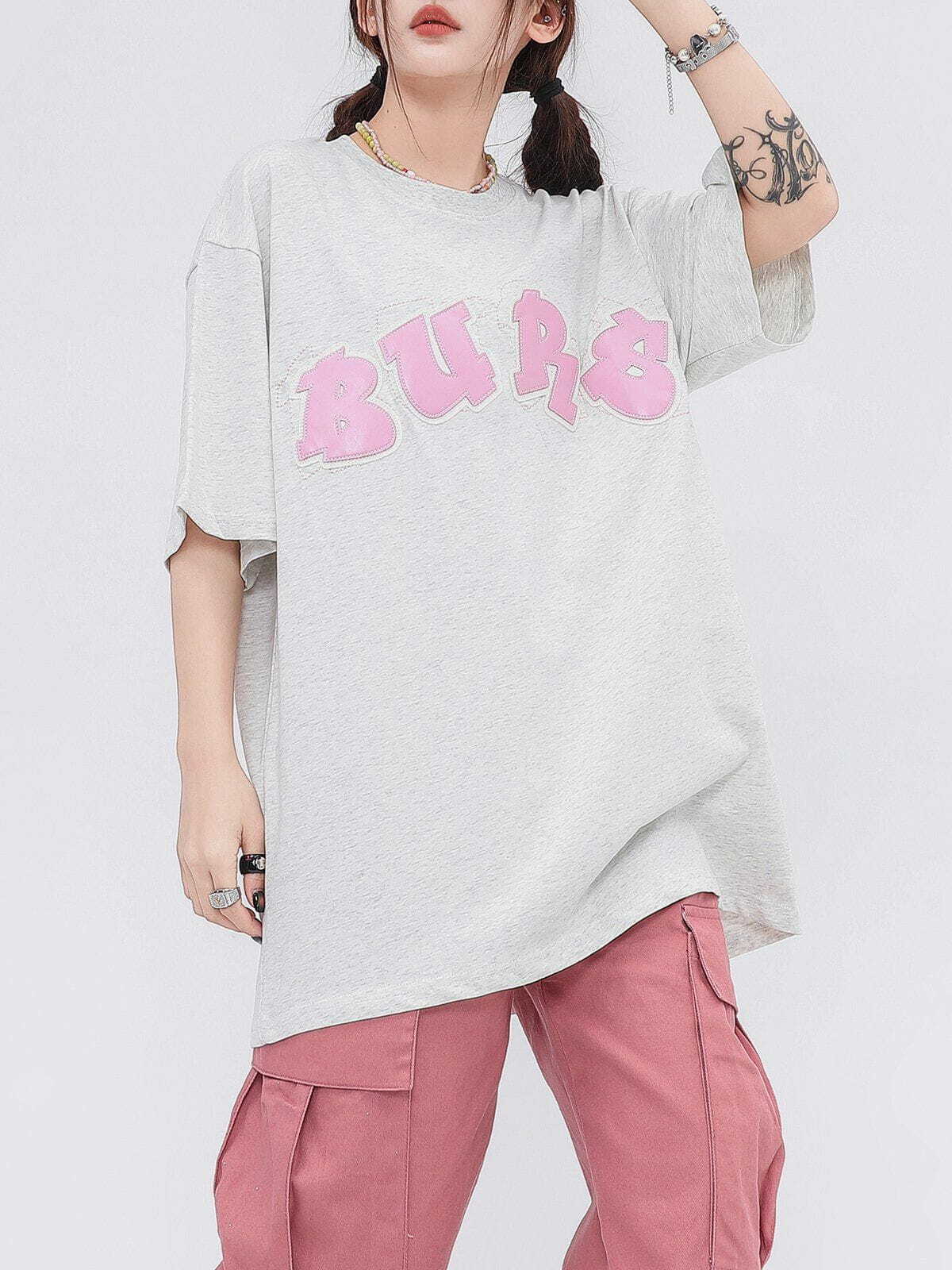 Y2K Applique Embroidery Letter Tee - Retro 90s Grunge Top for Summer Party Outfits