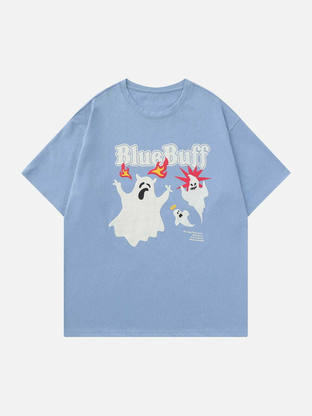 Y2K Blue Buff Ghost Print Tee - Retro 90s Grunge Summer Outfit for Y2K Vibes