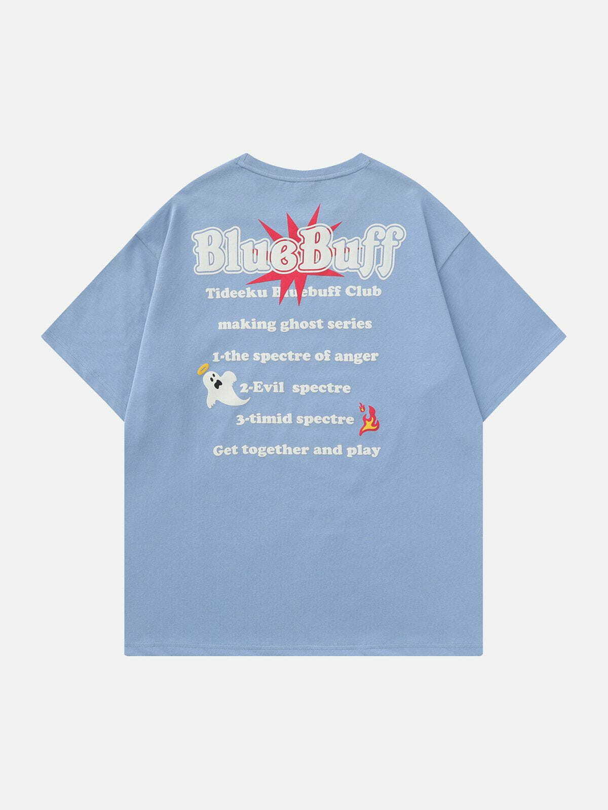 Y2K Blue Buff Ghost Print Tee - Retro 90s Grunge Summer Outfit for Y2K Vibes