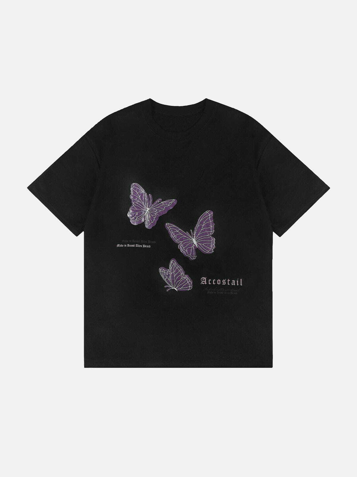 Y2K Butterfly Applique Suede Tee - Retro 90s Grunge Top for Summer Party Outfits