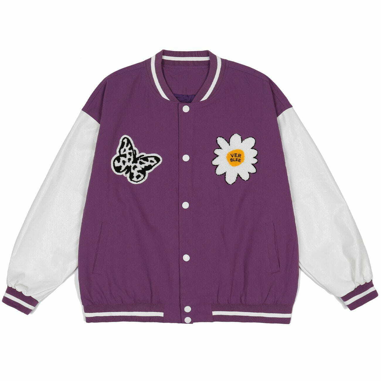 Y2K Butterfly Daisy Embroidery Varsity Jacket - Retro 90s Grunge Summer Outfit