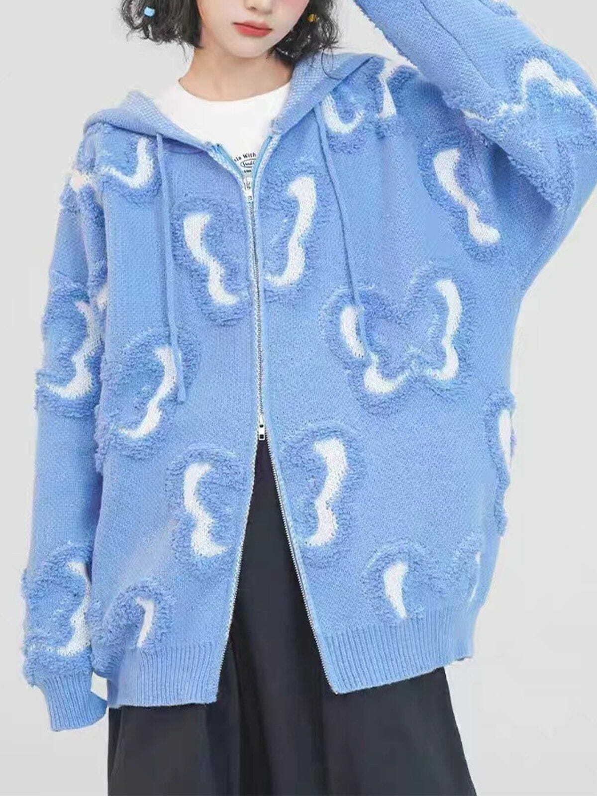 Y2K Butterfly Flocked Knit Hoodie - Retro Grunge Summer Outfit, 90s Style Top for Parties