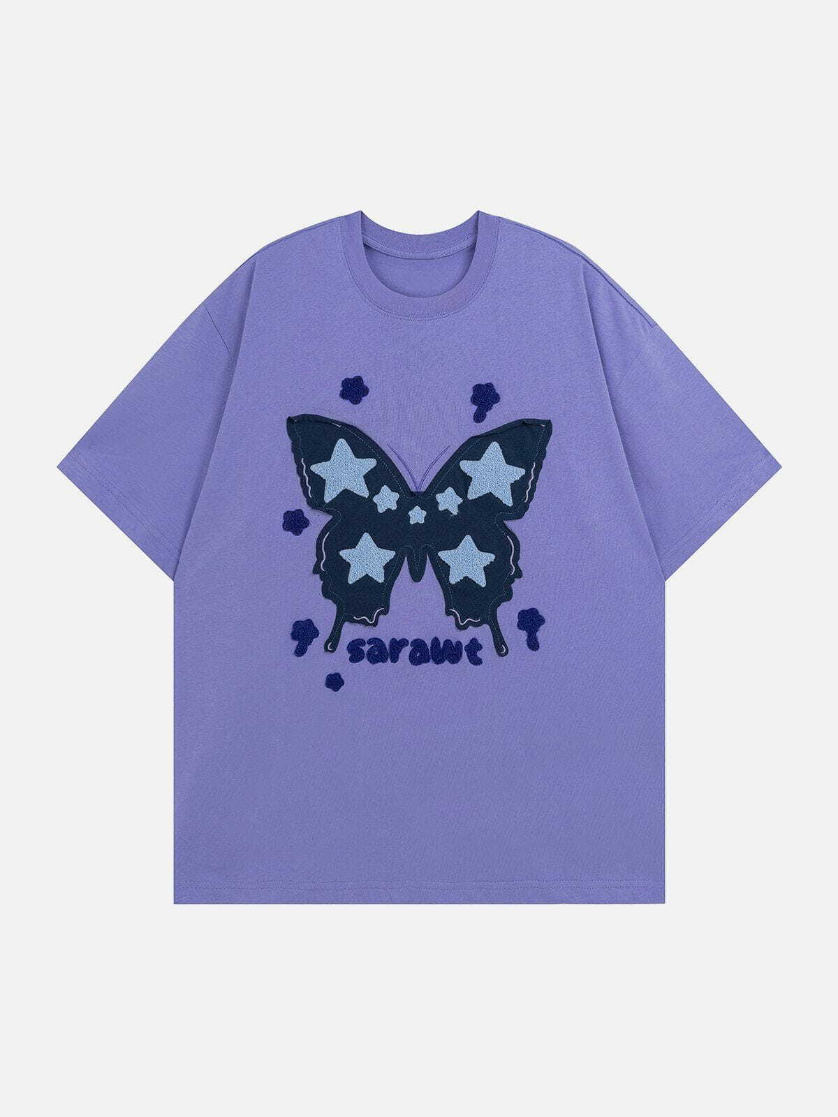 Y2K Butterfly Patchwork Tee - Retro 90s Grunge Top for Summer Party Outfits & Club Looks