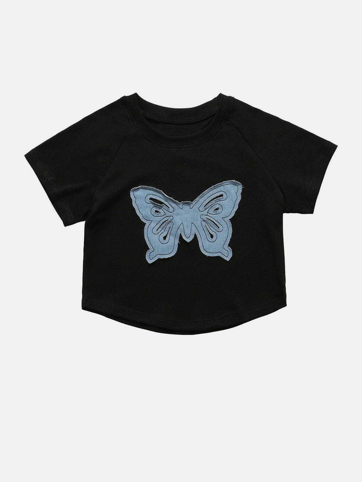 Y2K Butterfly Slim Crop Tee - Retro 90s Grunge Top for Summer Party Outfits & Club Looks