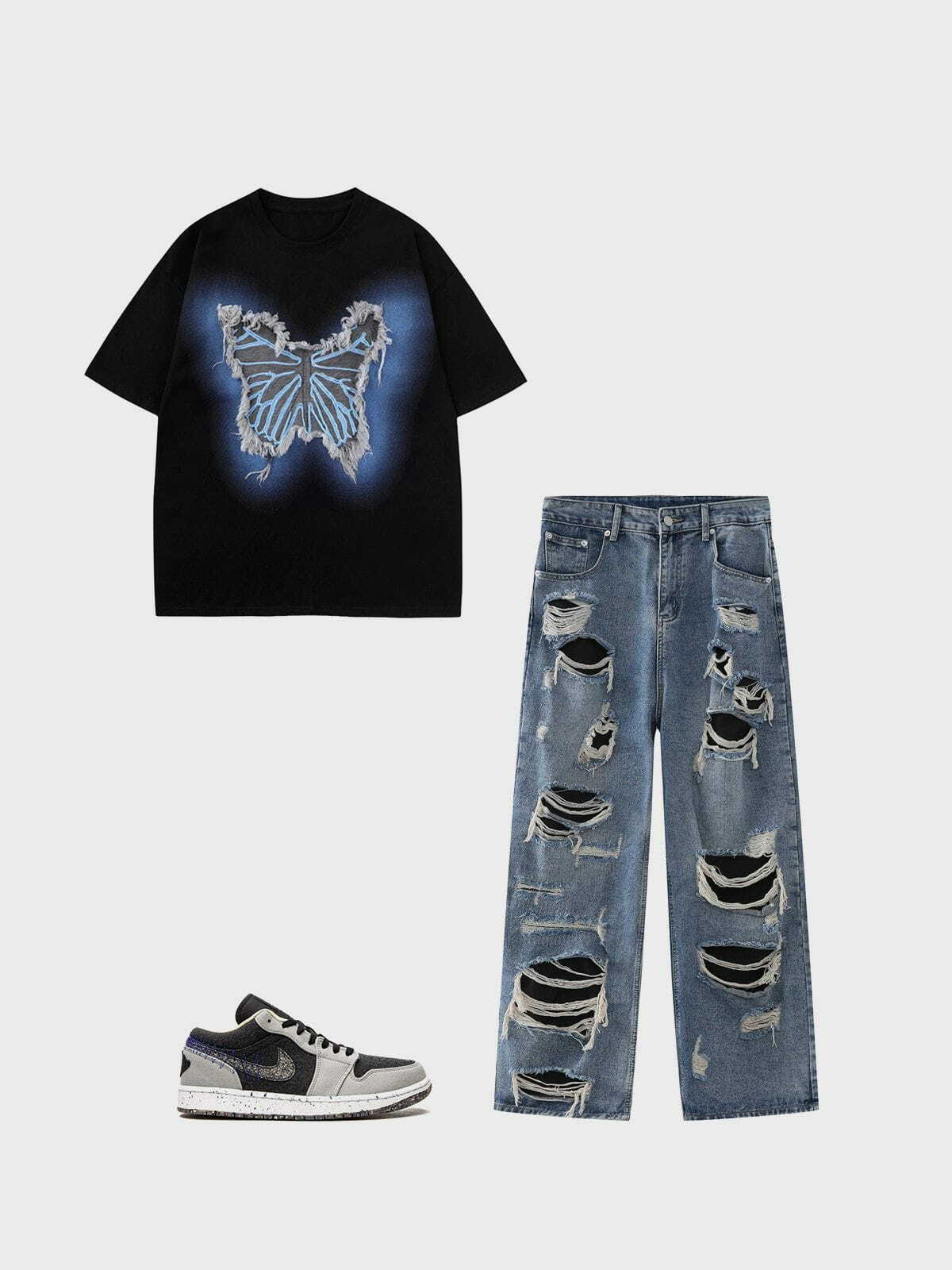 Y2K Butterfly Tassel Patch Tee - Retro Grunge Top for Summer & 90s Party Outfits