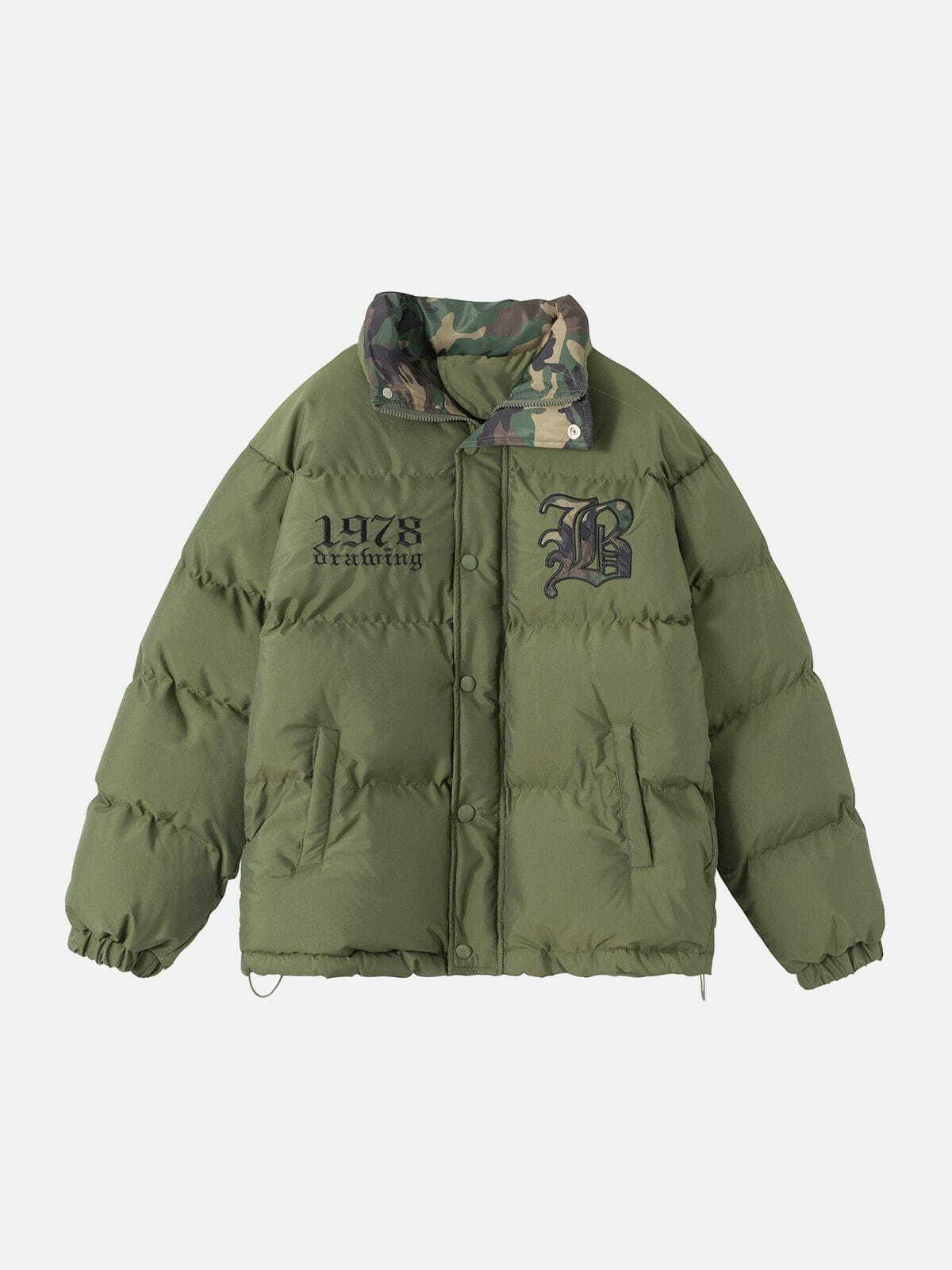 Y2K Camouflage Winter Coat with Alphabet Embroidery - Retro 90s Grunge Style Outerwear