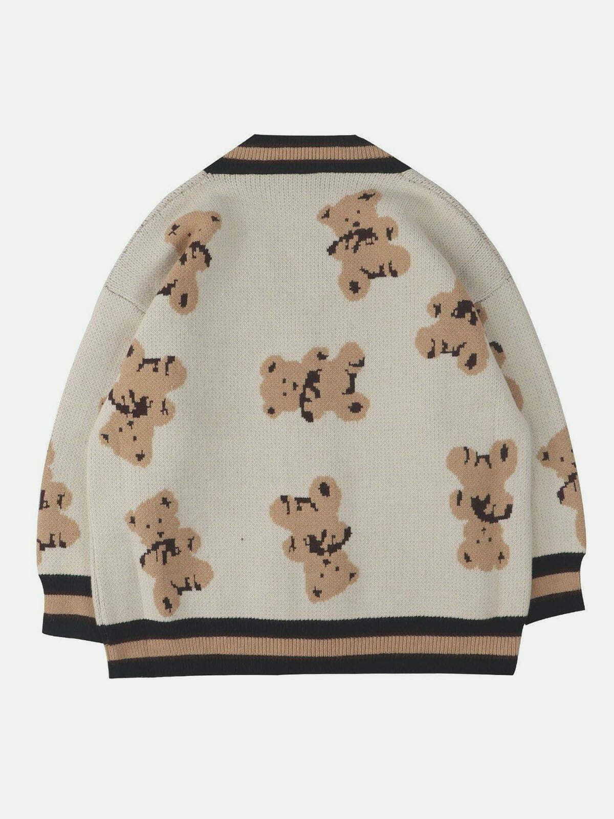 Y2K Cartoon Bear Print Knit Cardigan - Retro 90s Grunge Summer Outfit Essential