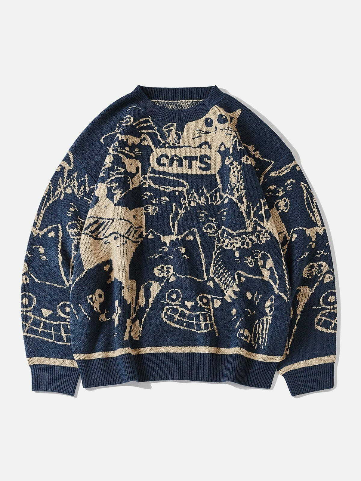 Y2K Cartoon Cat Knit Sweater - Retro 90s Grunge Style for Summer Parties & Outfits