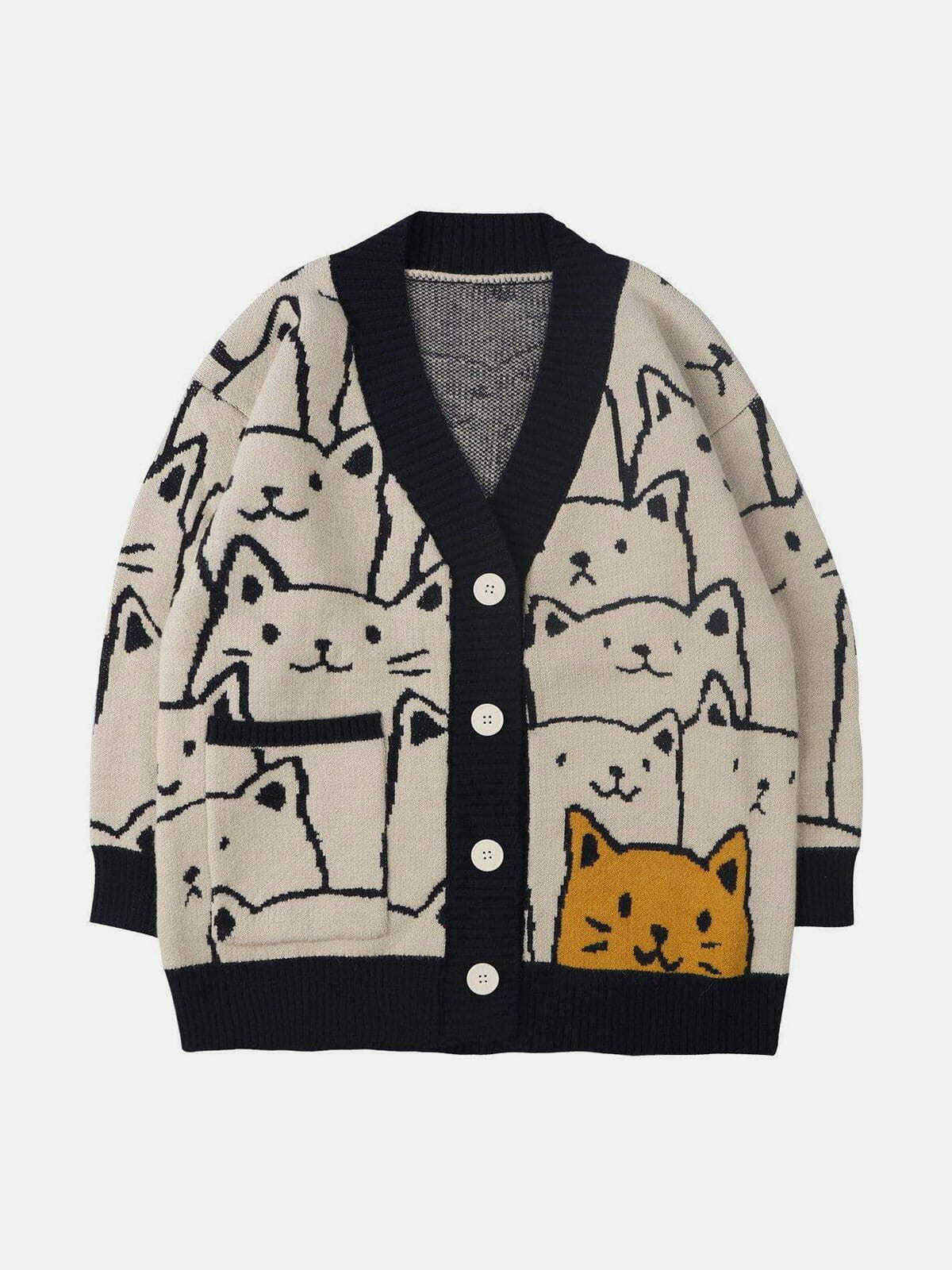 Y2K Cartoon Cat Print Knit Cardigan - Retro 90s Grunge Summer Outfit for Women