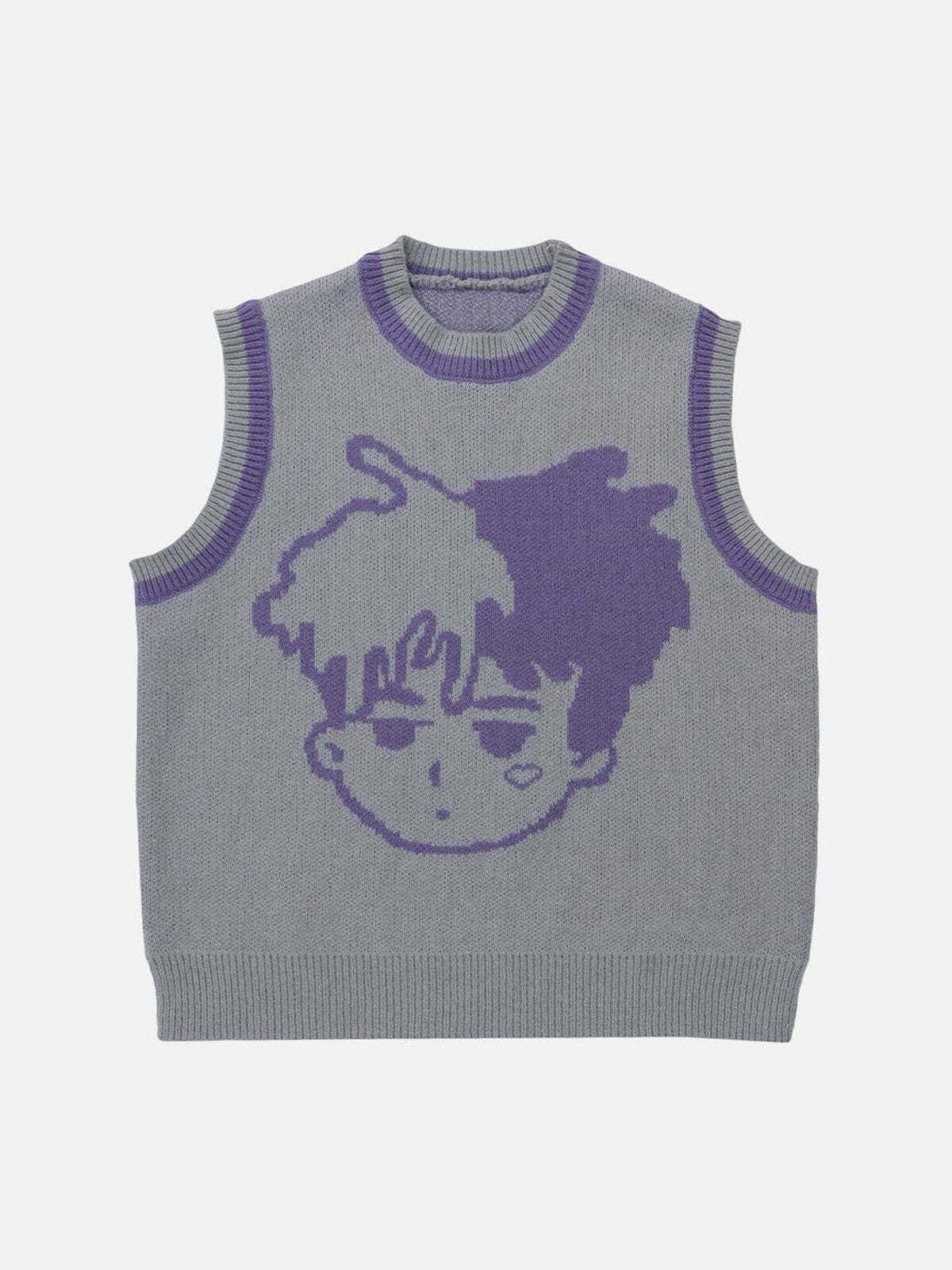 Y2K Cartoon Character Embroidery Sweater Vest - Retro 90s Grunge Summer Outfit