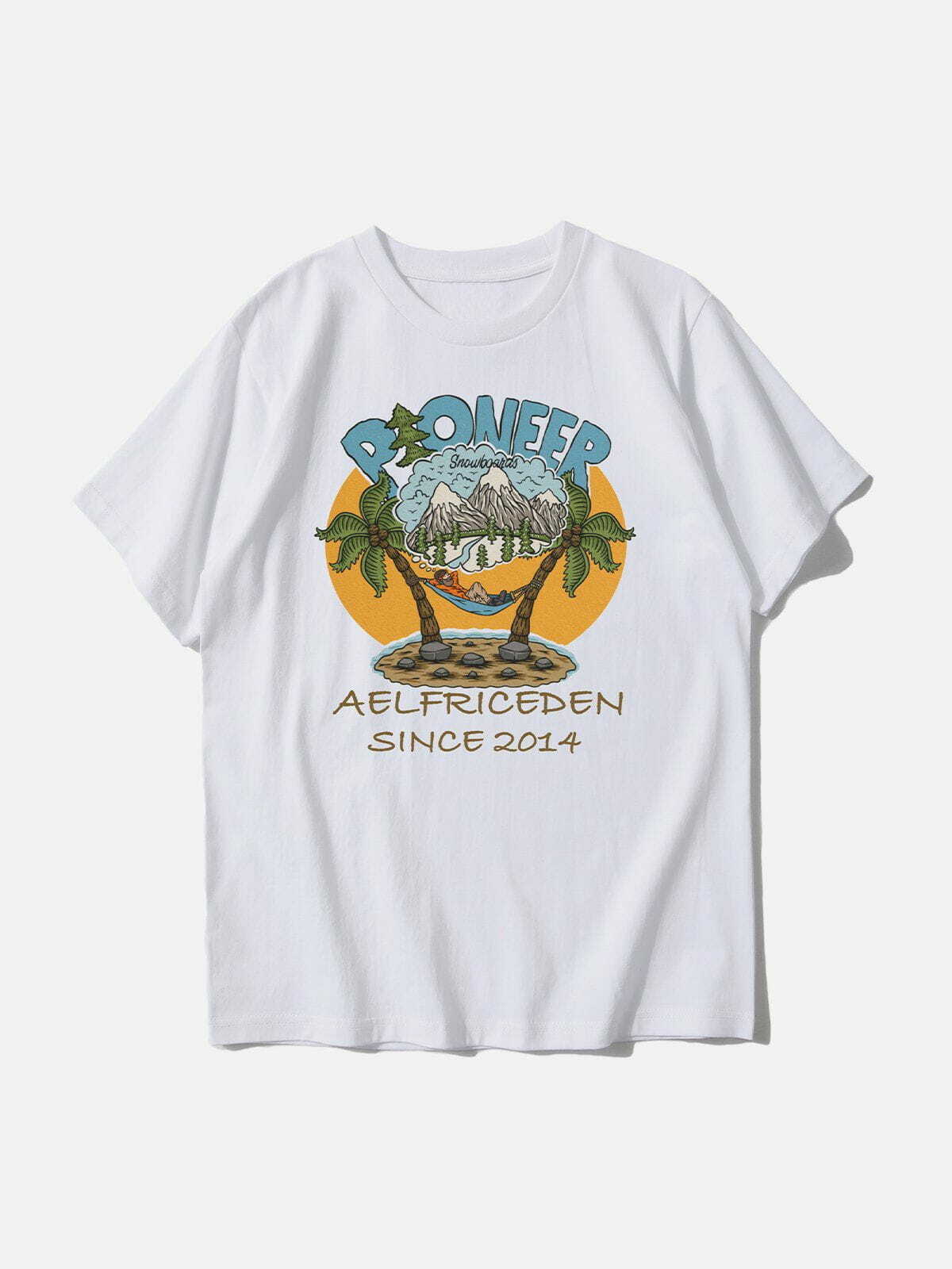 Y2K Cartoon Coconut Tree Print Tee - Retro Summer Outfit, 90s Grunge Style Top