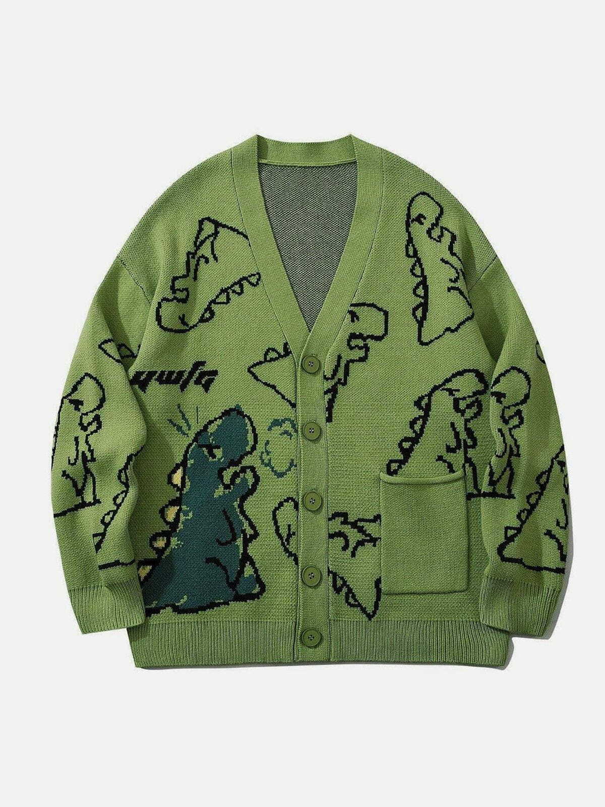 Y2K Cartoon Dinosaur Knit Cardigan - Retro 90s Grunge Summer Outfit for Trendy Women