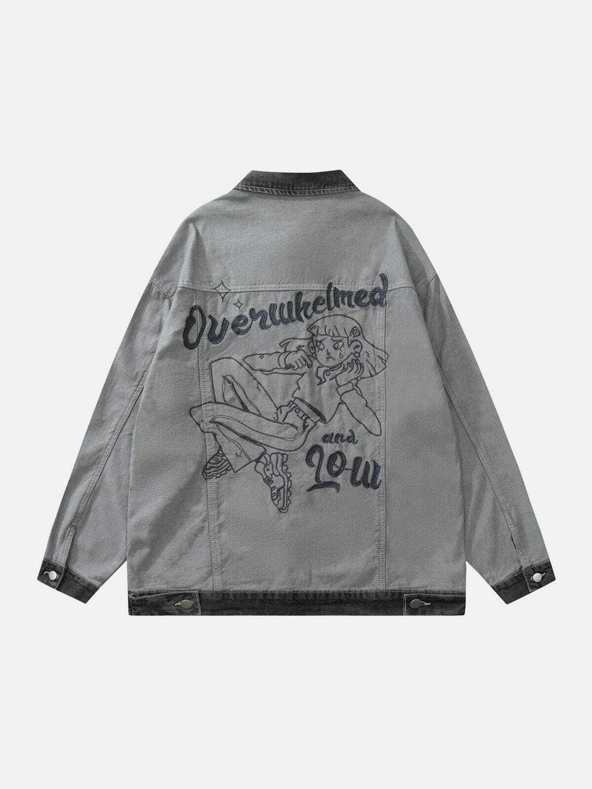 Y2K Cartoon Embroidered Denim Jacket - Retro 90s Grunge Summer Outfit Essential