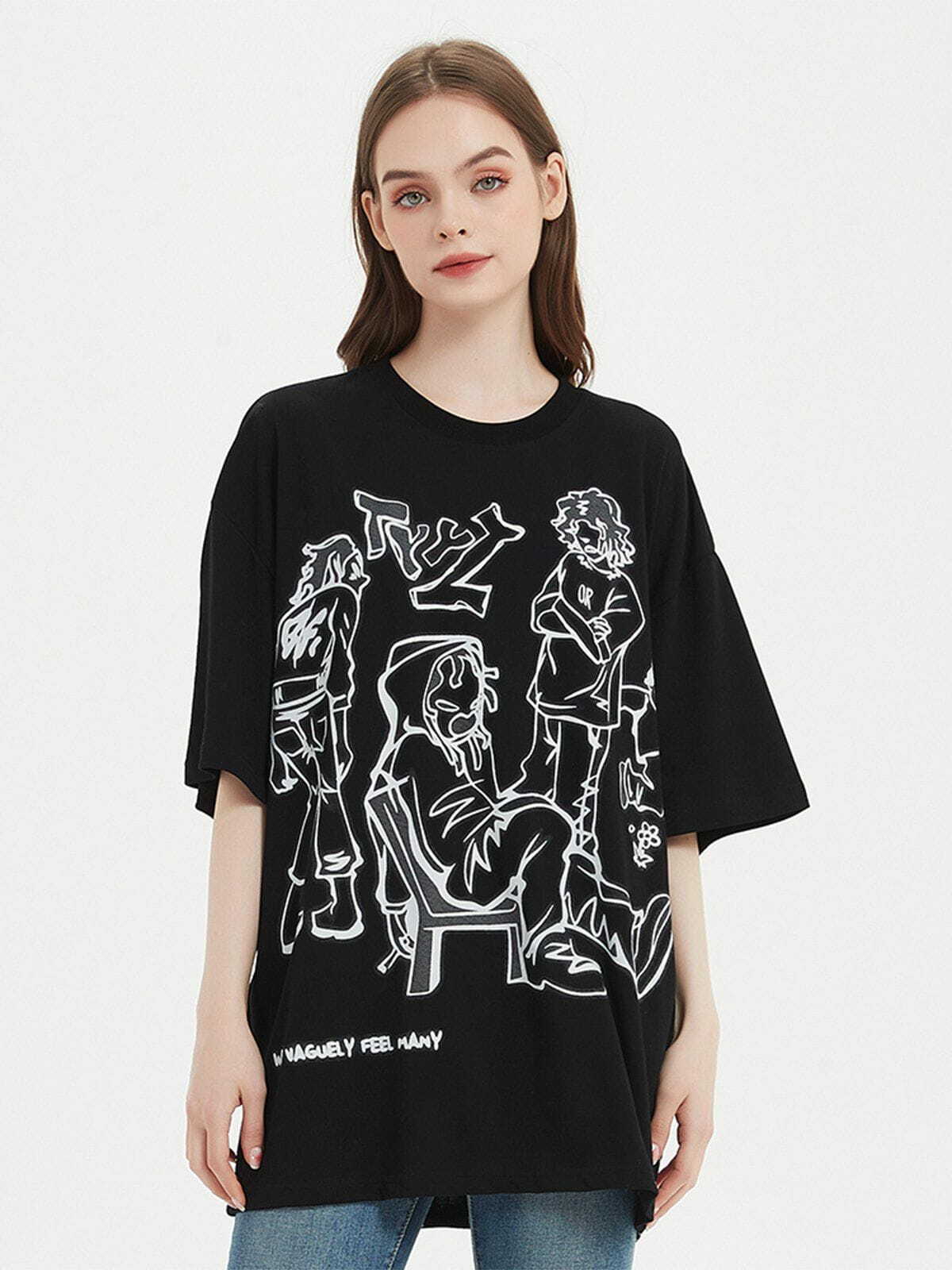 Y2K Cartoon Line Character Print Tee - Retro 90s Grunge Summer Outfit for Women