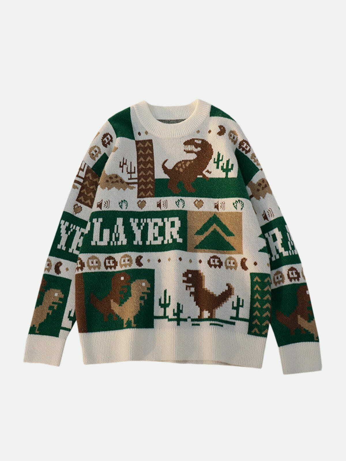 Y2K Cartoon Pixel Dinosaur Sweater - Retro 90s Grunge Style for Summer Outfits & Parties