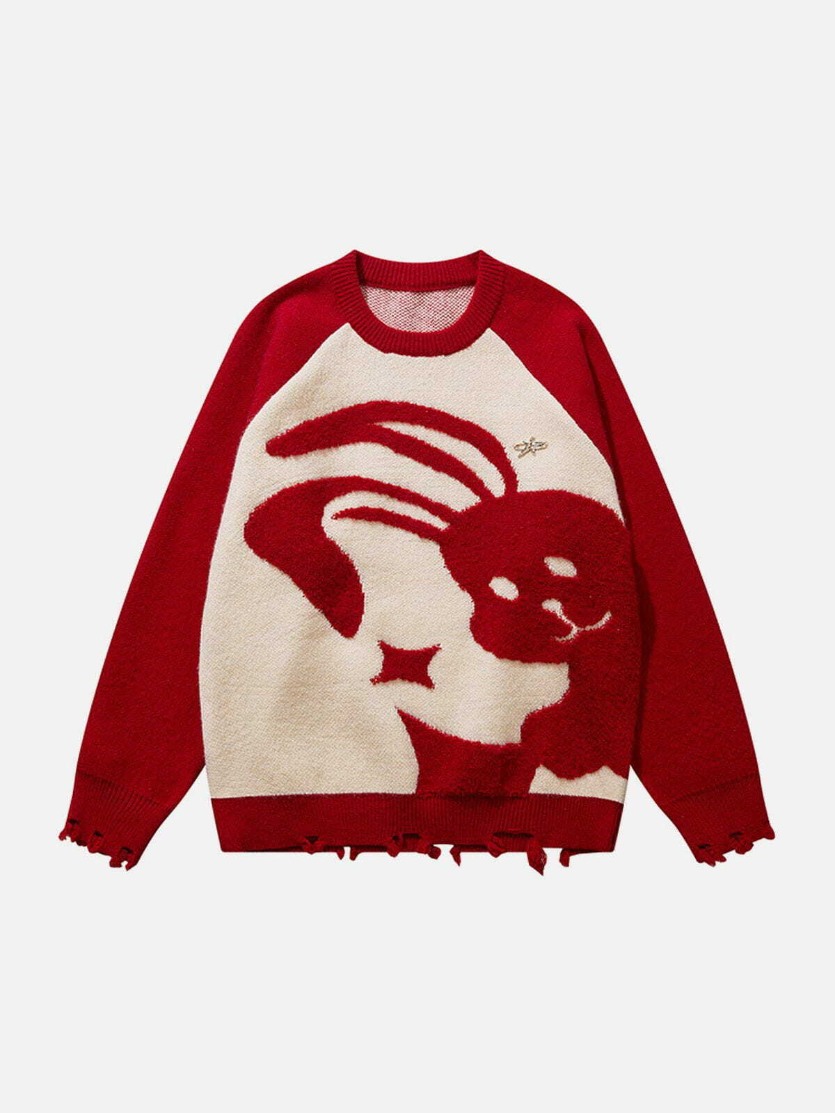 Y2K Cartoon Rabbit Embroidery Sweater - Retro 90s Grunge Style for Summer Outfits