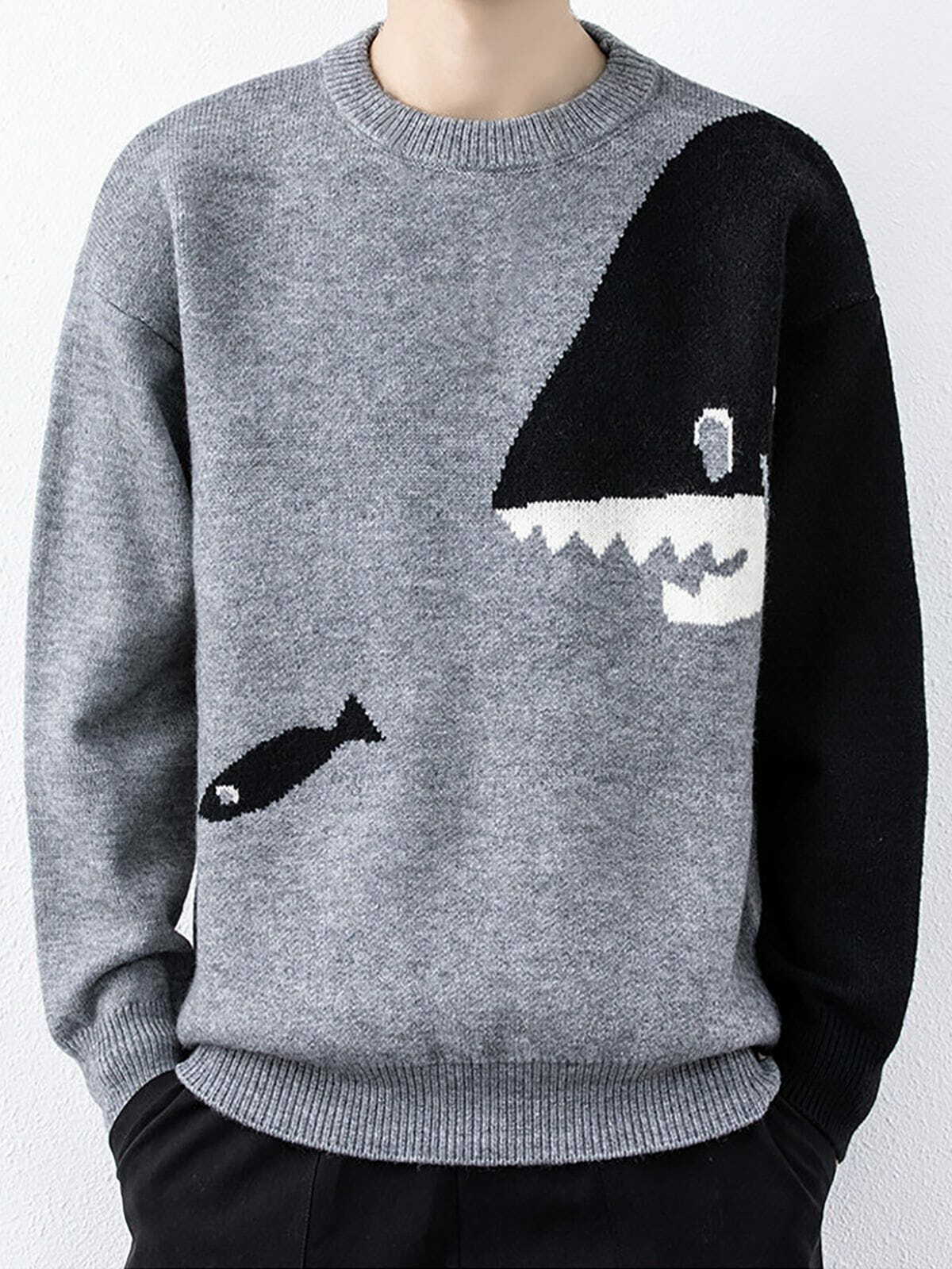 Y2K Cartoon Shark Sweater - Retro 90s Grunge Outfit for Summer Parties & Beach Vibes