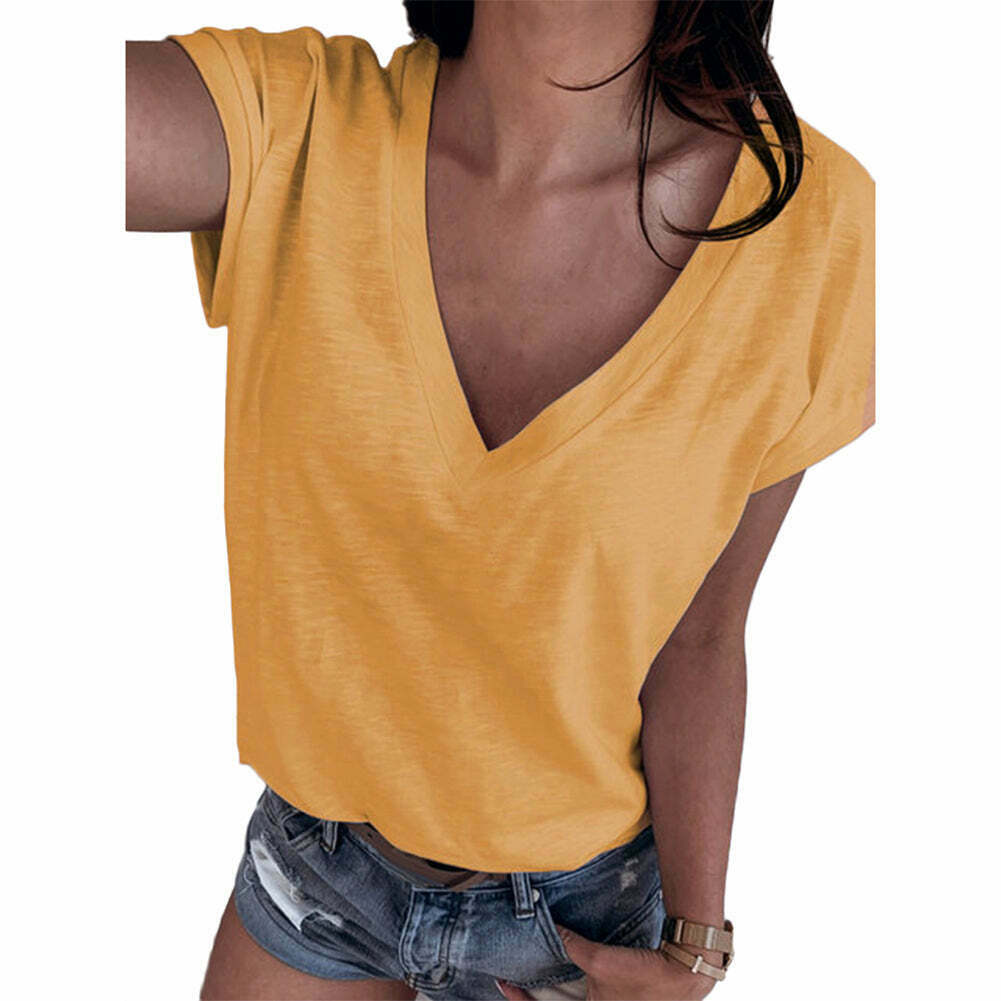 Y2K Casual V-Neck Short Sleeve Top - Cute Solid Color for Coquette & Grunge Aesthetic