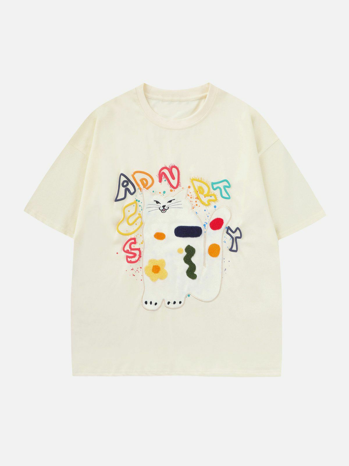 Y2K Cat Embroidery Print Tee - Retro 90s Grunge Summer Outfit for Y2K Fashion Lovers