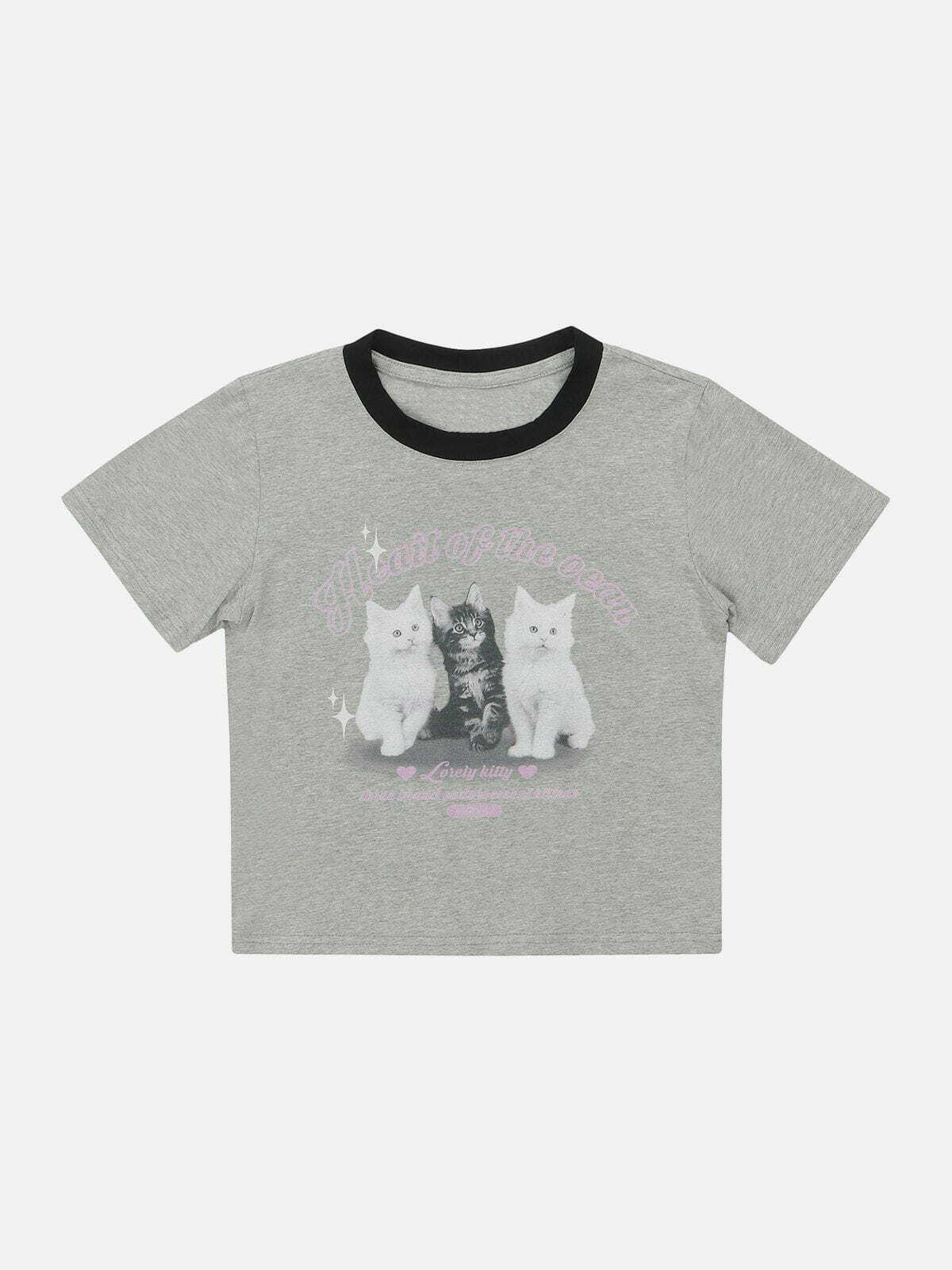 Y2K Cat Print Star Tee - Retro 90s Grunge Top for Summer Parties & Casual Outfits