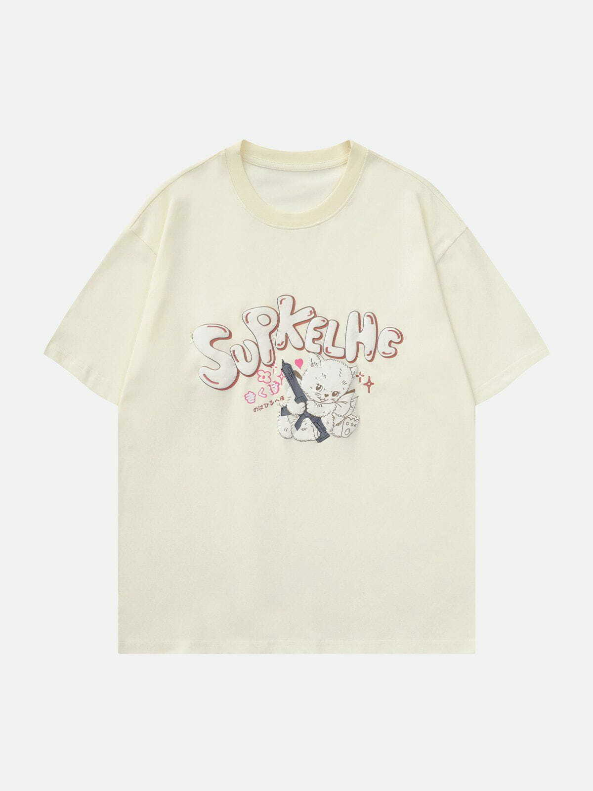 Y2K Cat Print Tee - Retro 90s Grunge Top for Summer Outfits & Party Vibes