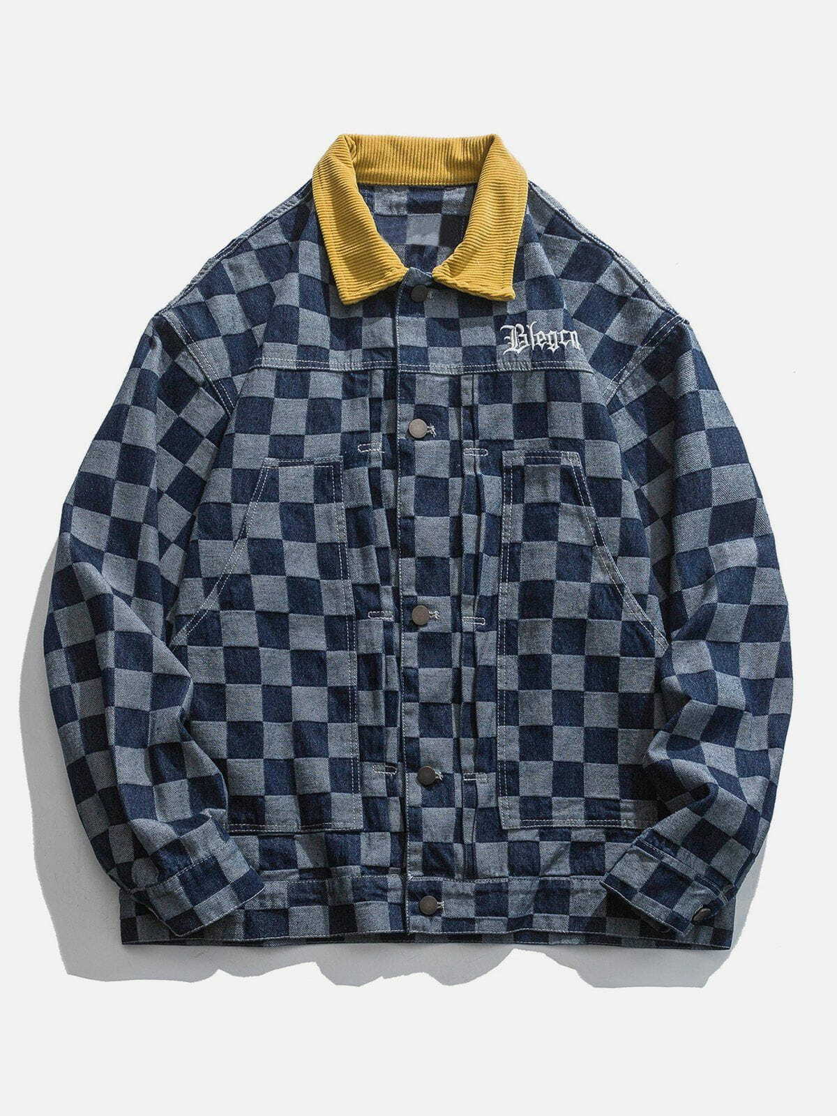 Y2K Checkerboard Embroidered Letter Jacket - Retro 90s Grunge Style for Summer Outfits