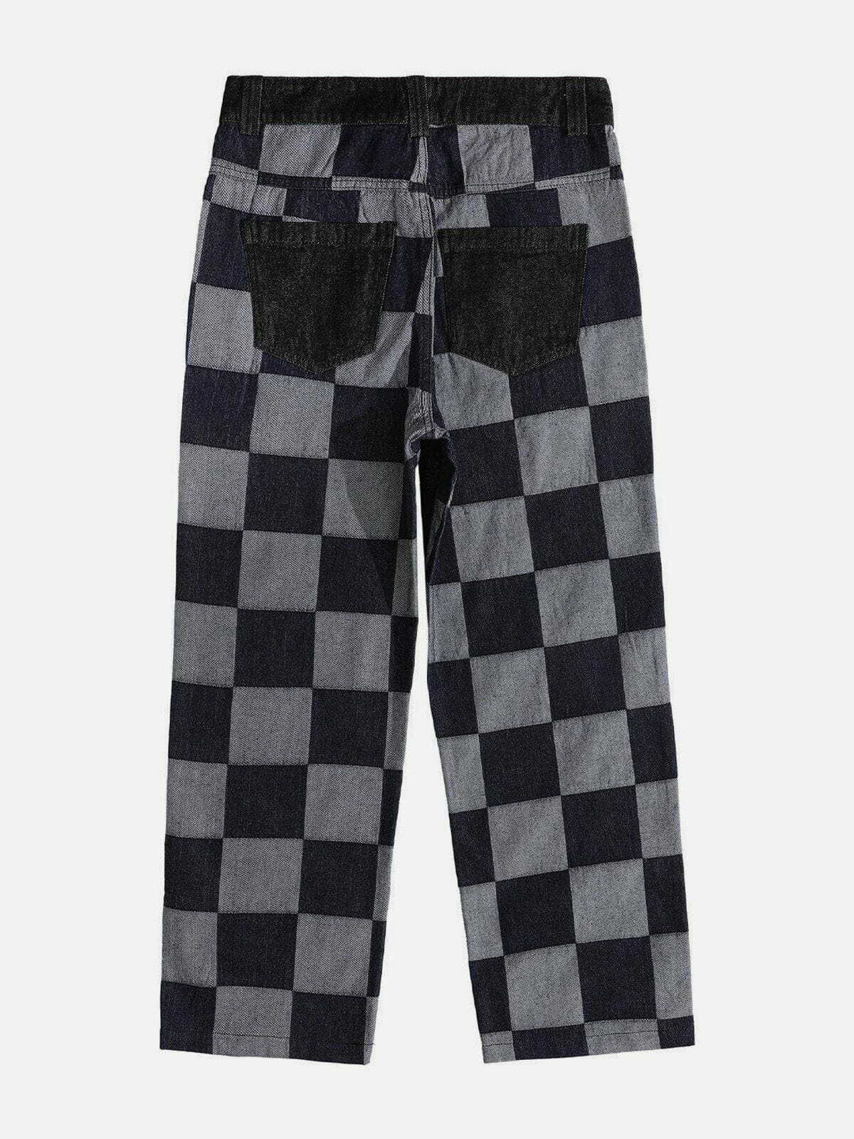 Y2K Checkerboard Jeans: Retro 90s Grunge Outfit for Summer Parties & Club Looks