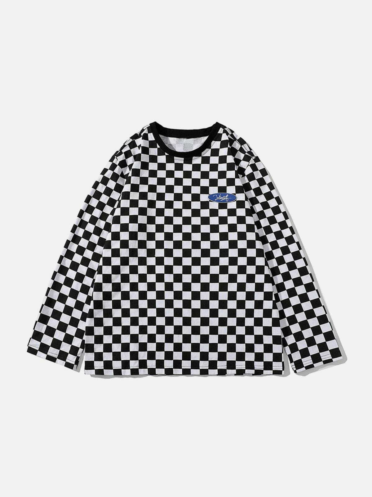 Y2K Checkerboard Long Sleeve Top - Retro 90s Grunge Outfit for Summer Parties & Clubbing