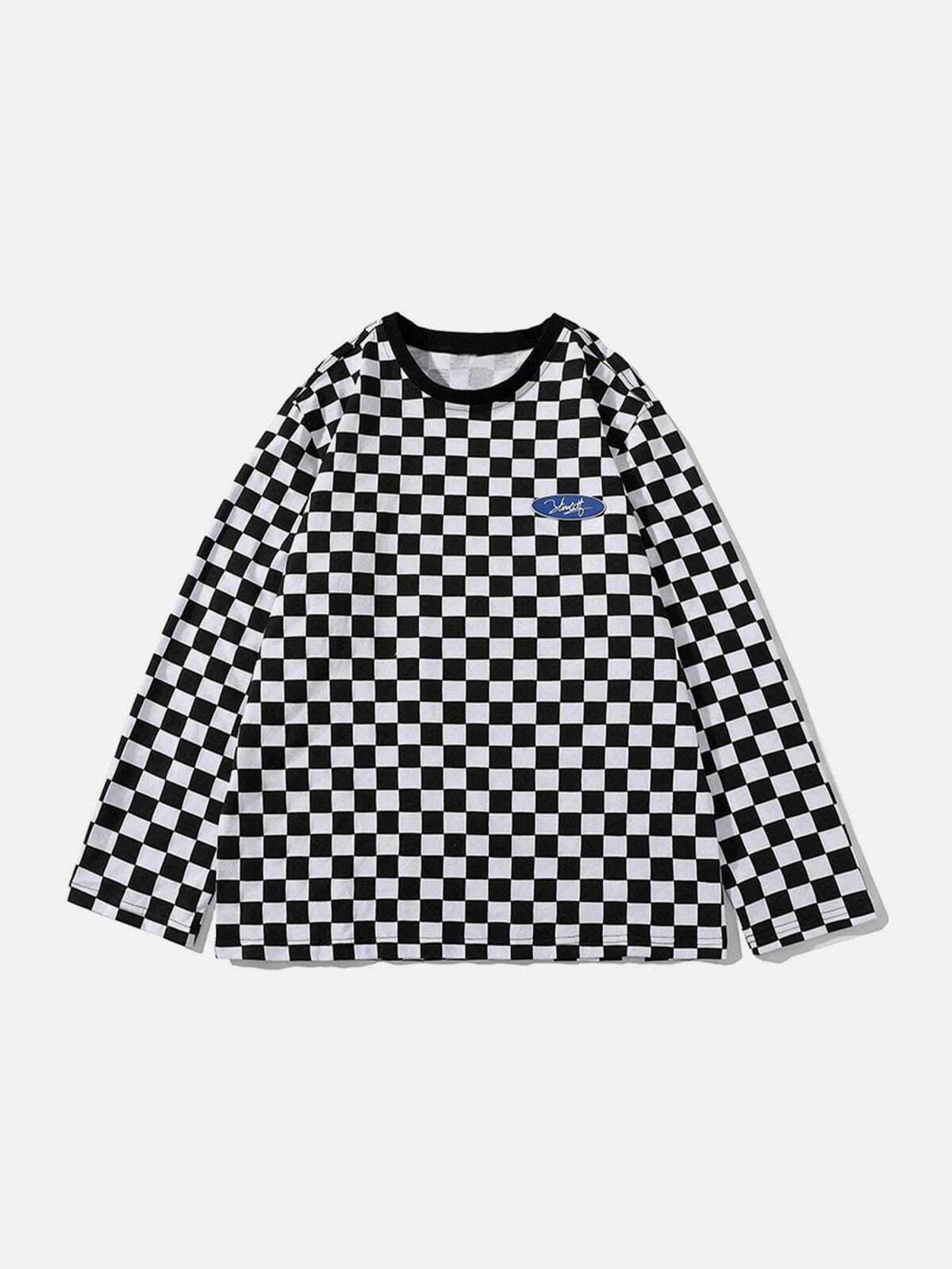 Y2K Checkerboard Long Sleeve Top - Retro 90s Grunge Outfit for Summer Parties & Clubbing