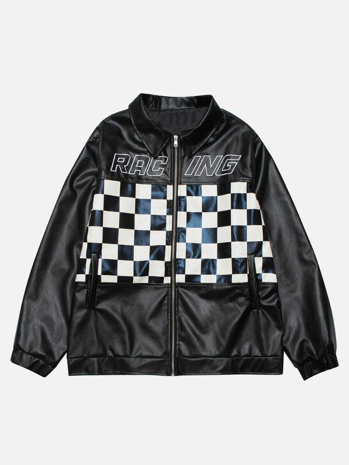 Y2K Checkerboard Panel Motorsports Jacket - Retro 90s Grunge Style for Summer Outfits