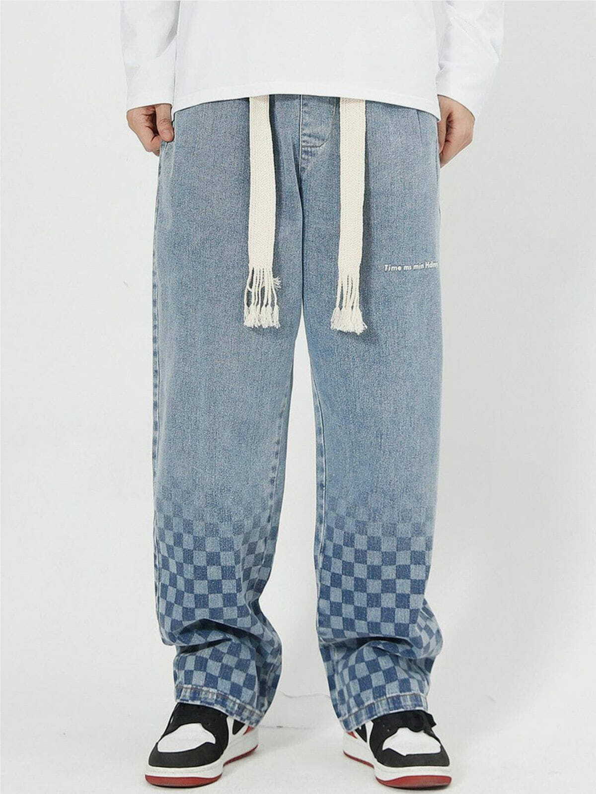 Y2K Checkerboard Print Jeans - Retro 90s Grunge Outfit for Summer Parties & Festivals