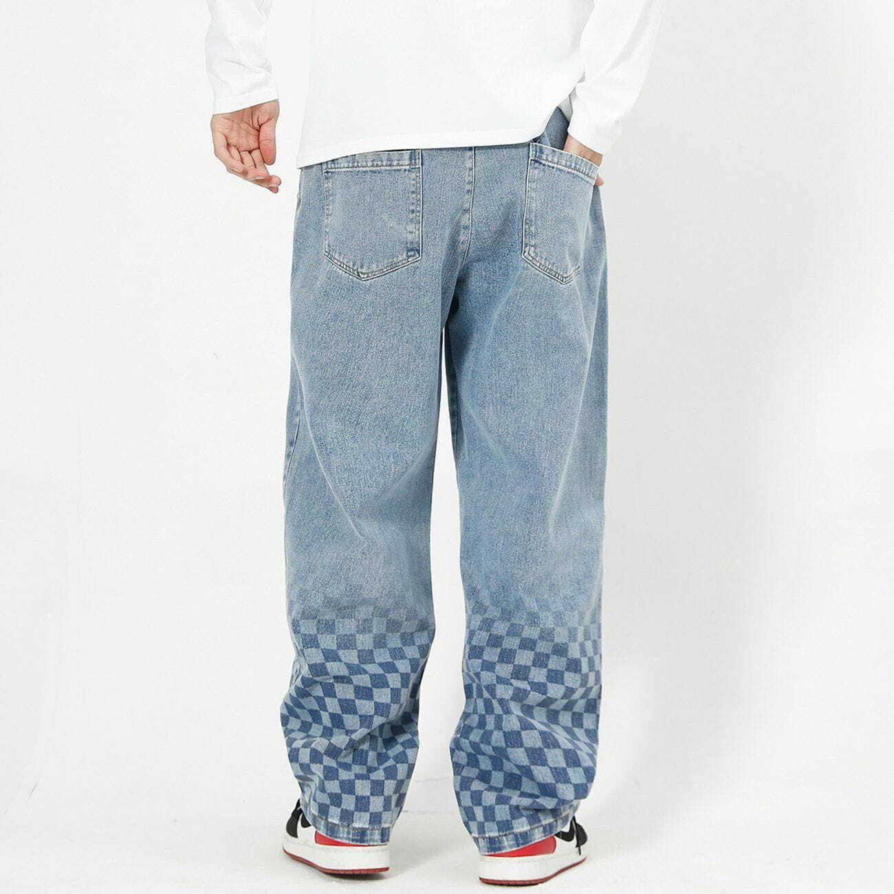 Y2K Checkerboard Print Jeans - Retro 90s Grunge Outfit for Summer Parties & Festivals