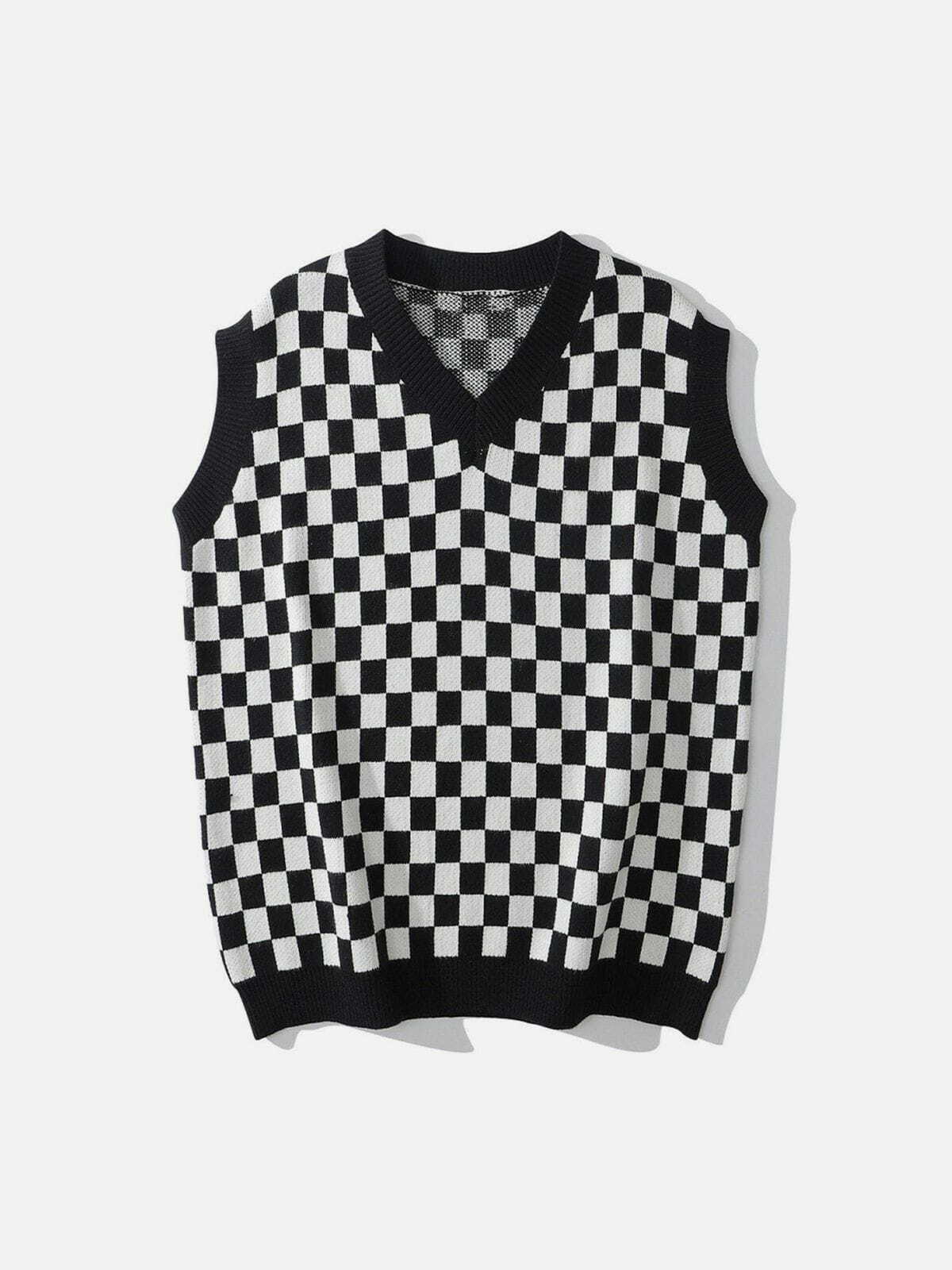 Y2K Checkerboard Print Sweater Vest - Retro 90s Grunge Outfit for Summer Parties