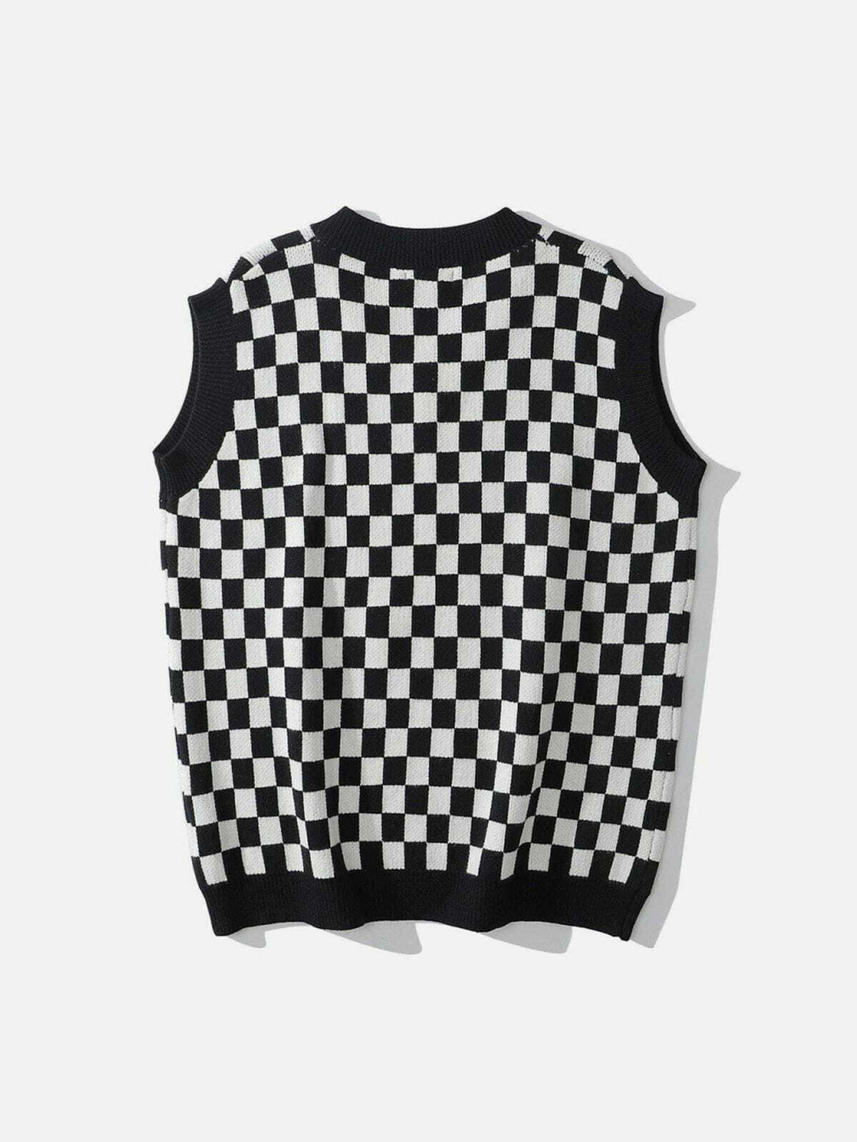 Y2K Checkerboard Print Sweater Vest - Retro 90s Grunge Outfit for Summer Parties