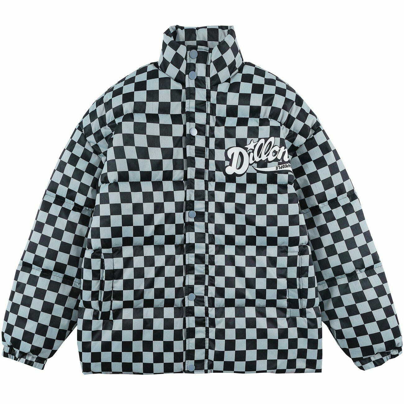 Y2K Checkerboard Puffer Jacket - Retro 90s Grunge Style for Summer Parties & Outfits