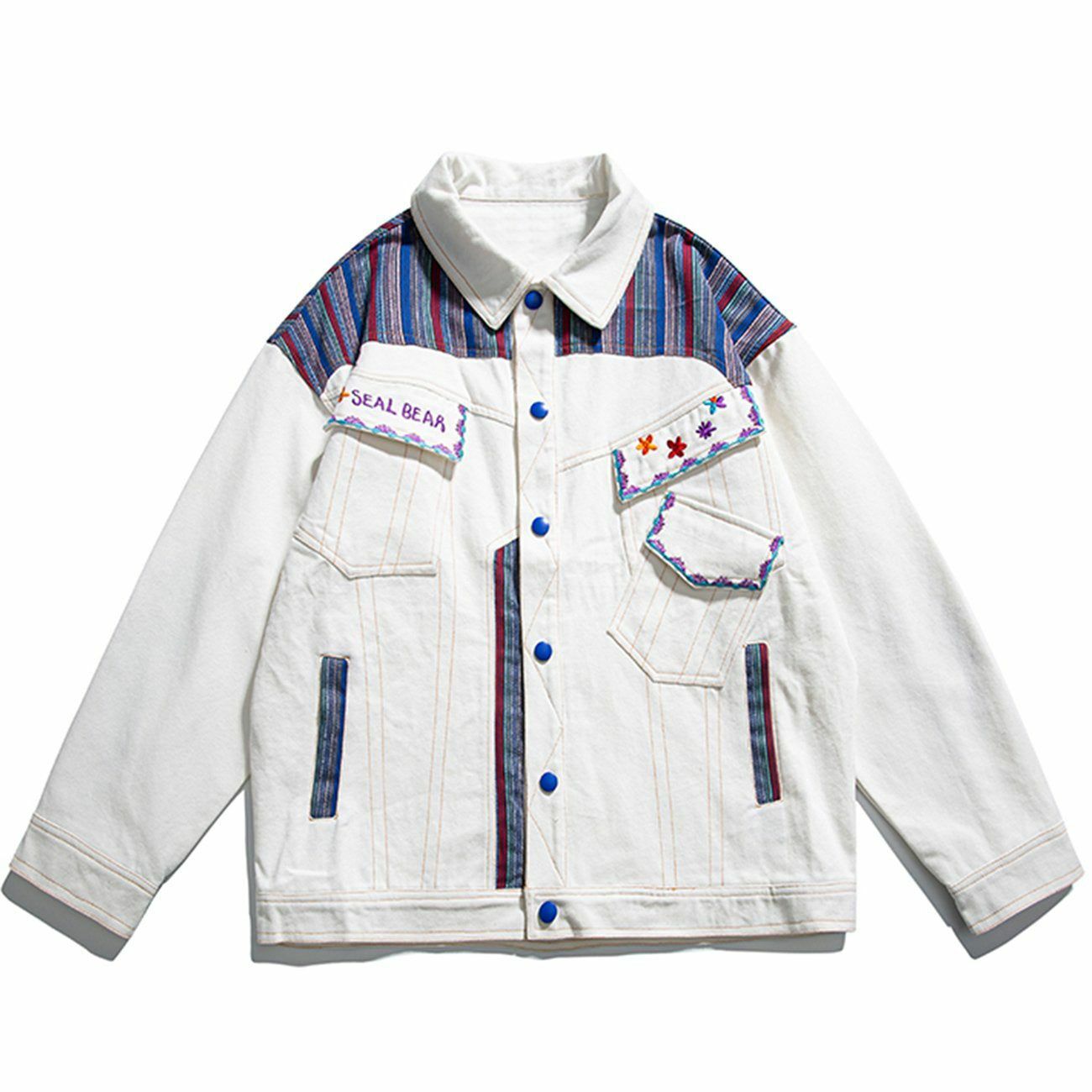 Y2K Color Block Jacket with Pockets - Retro 90s Grunge Embroidered Style for Summer Outfits