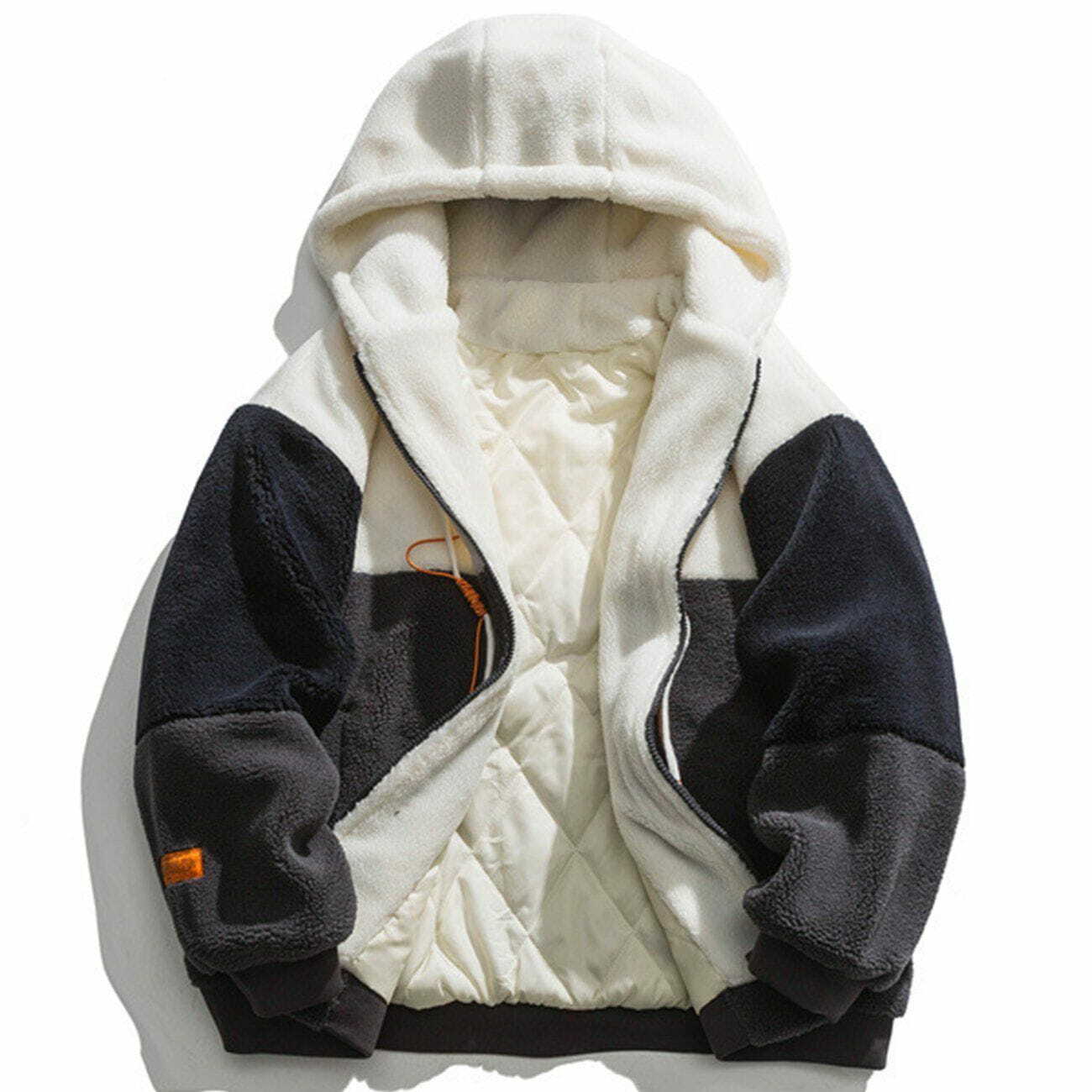 Y2K Color Block Patchwork Hooded Sherpa Coat - Retro 90s Grunge Winter Fashion