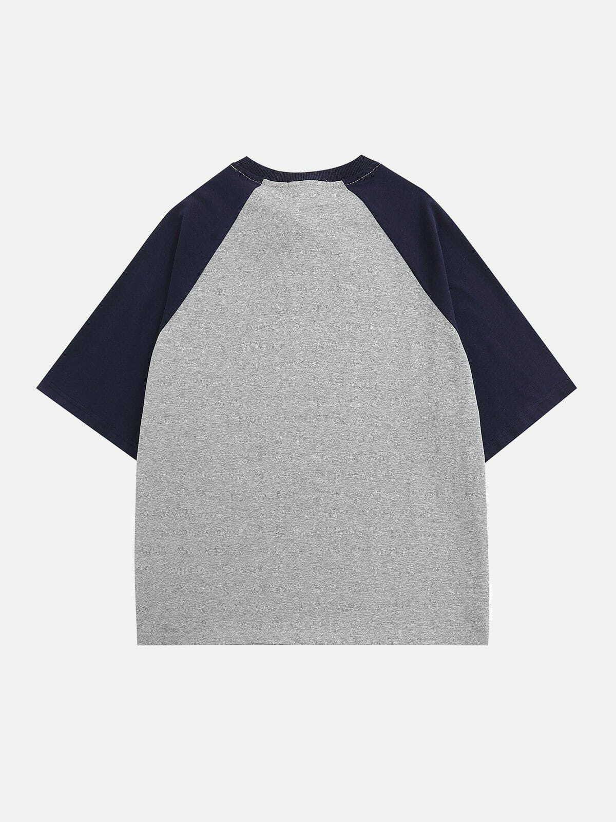 Y2K Color Block Raglan Tee - Retro 90s Letter Print Top for Summer Grunge Outfits