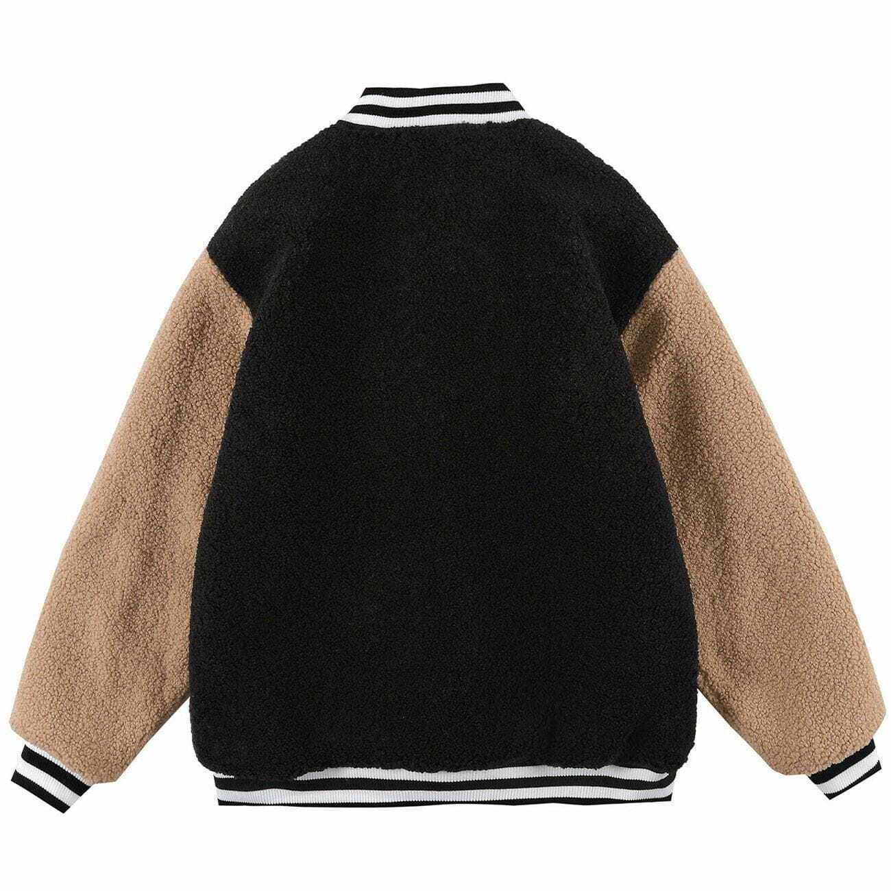 Y2K Color Block Sherpa Coat with Embroidered Letters - Retro 90s Grunge Style Outerwear