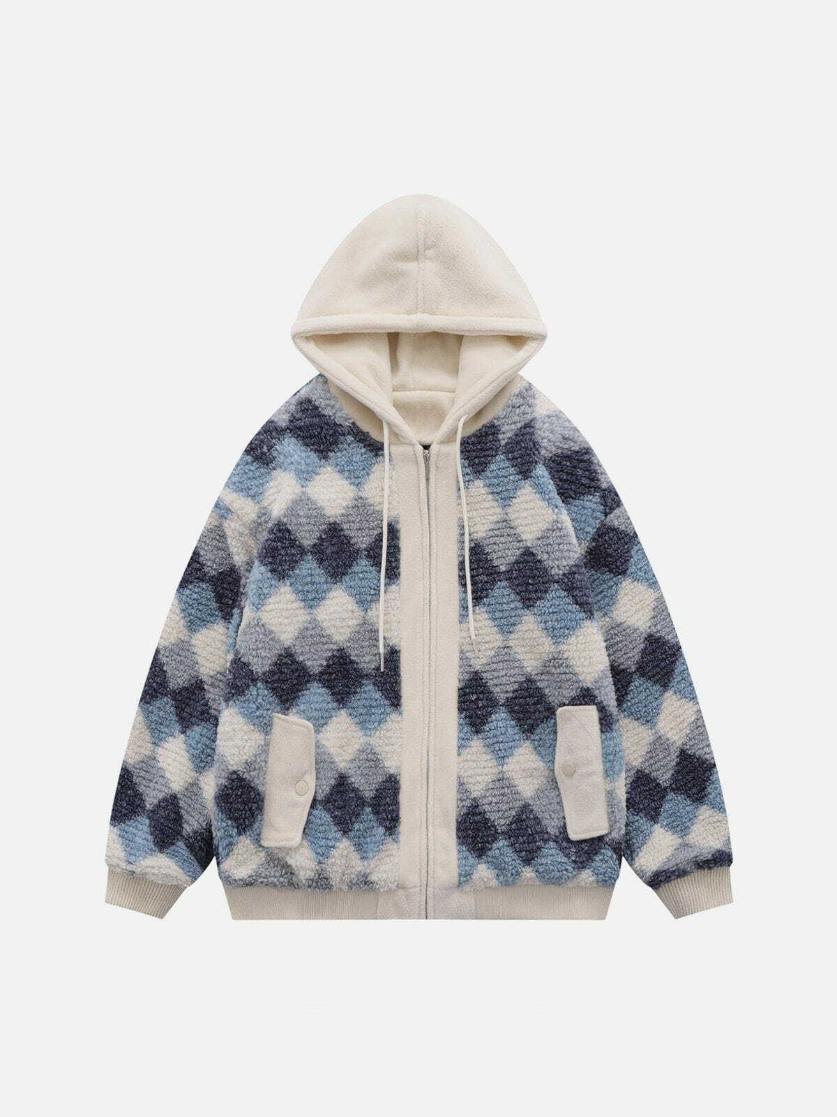 Y2K Colorblock Check Fake Two-Piece Winter Coat - Retro 90s Grunge Style Outerwear