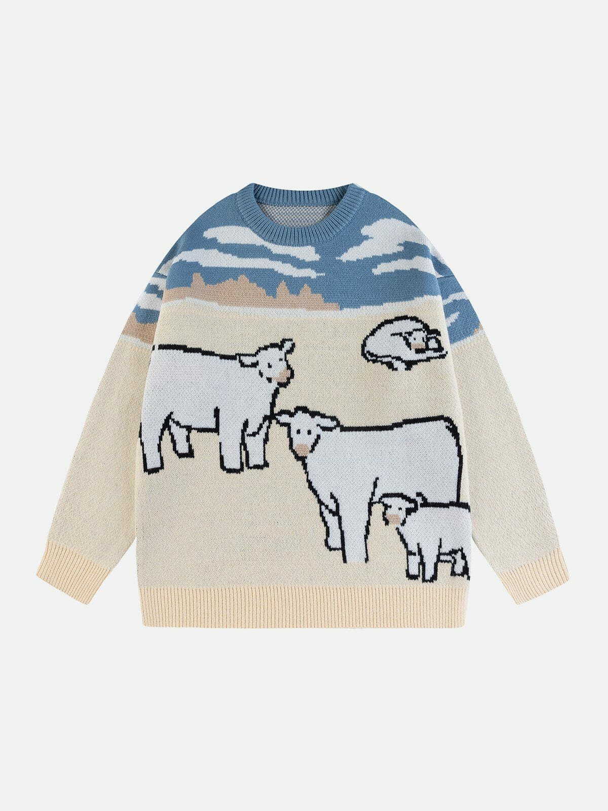 Y2K Colorblock Cow Jacquard Sweater - Retro 90s Grunge Style for Y2K Summer Outfits