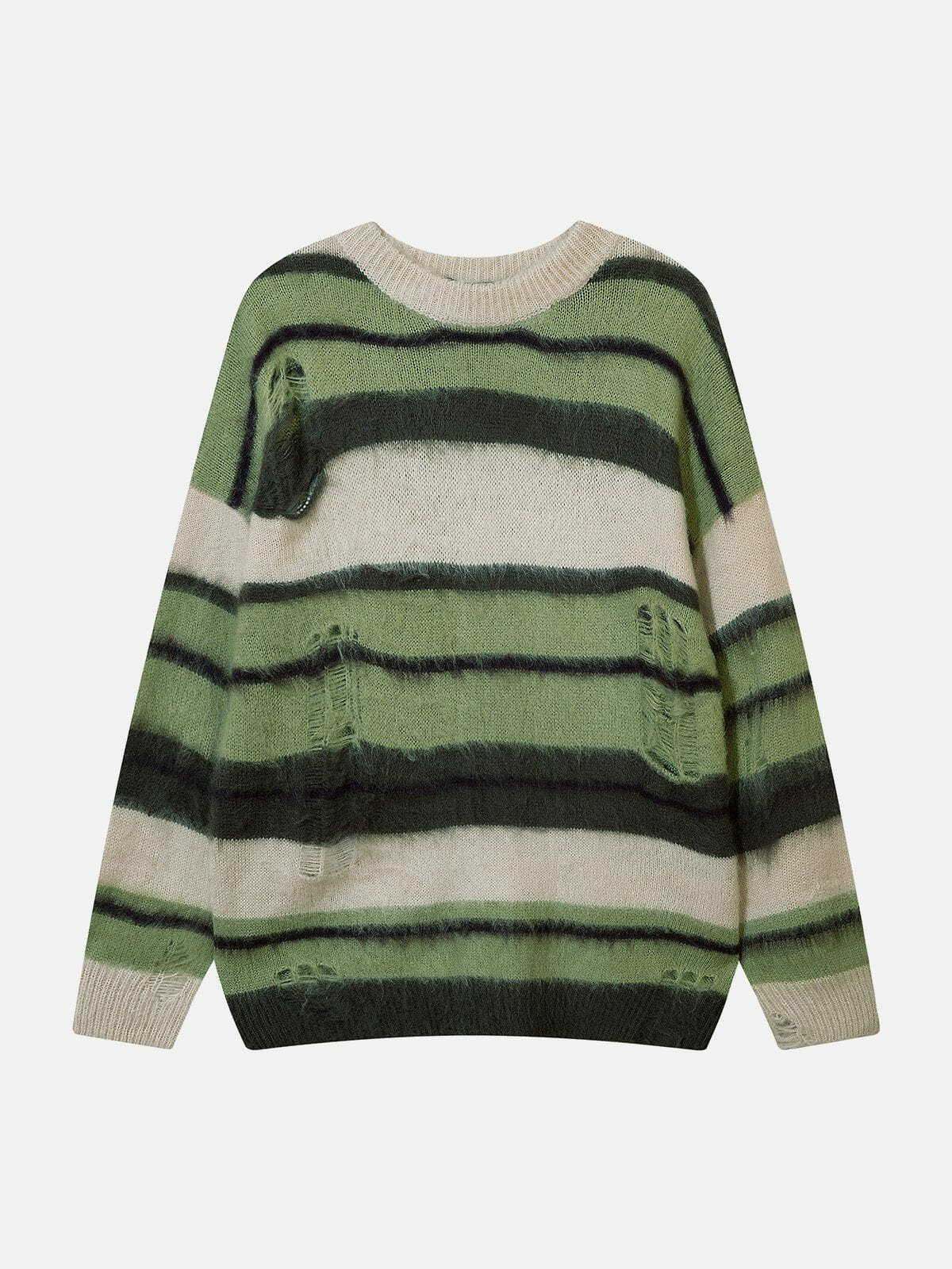 Y2K Colorblock Hole Stripe Sweater - Retro 90s Grunge Outfit for Summer Parties