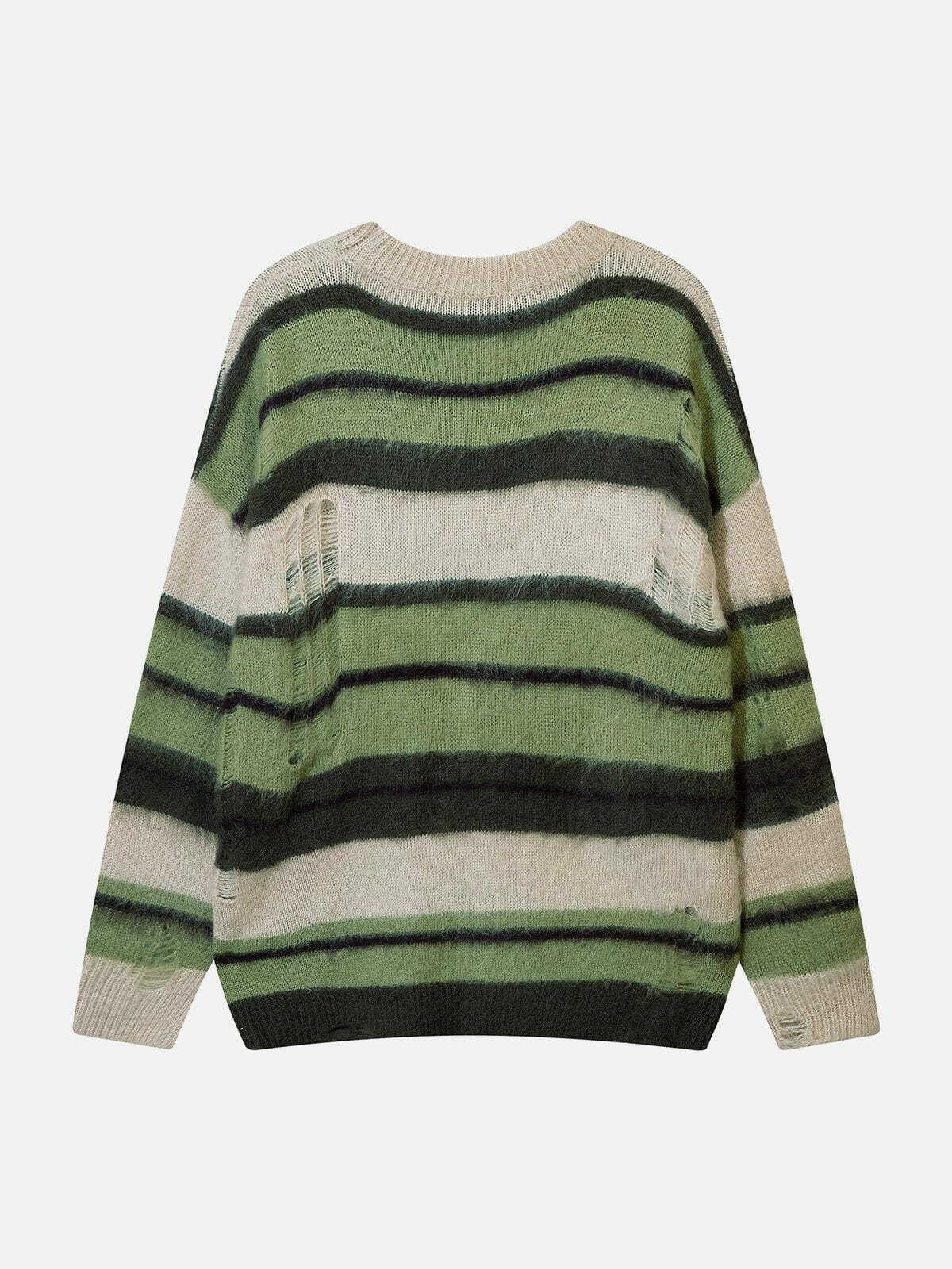 Y2K Colorblock Hole Stripe Sweater - Retro 90s Grunge Outfit for Summer Parties